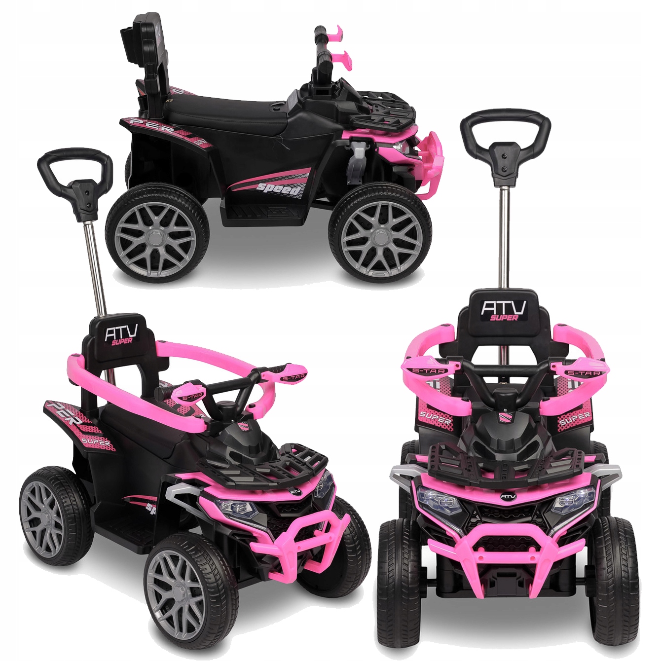 Toyz Movix Jeździk z rączką, pojazd quad 4-koła z pchaczem, barierka Pink