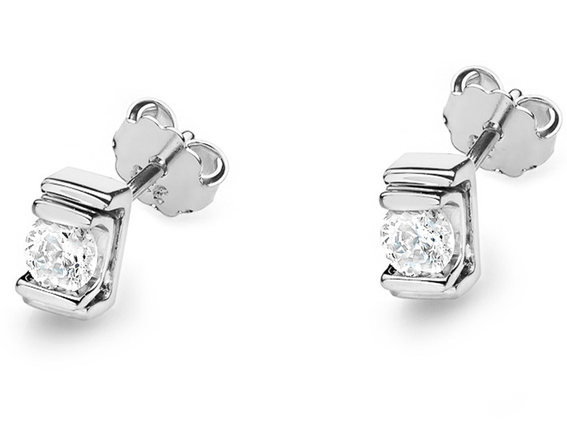 Zlaté náušnice 585, čtverečky s brilianty, 1,40 g, diamanty na tyčince, módní