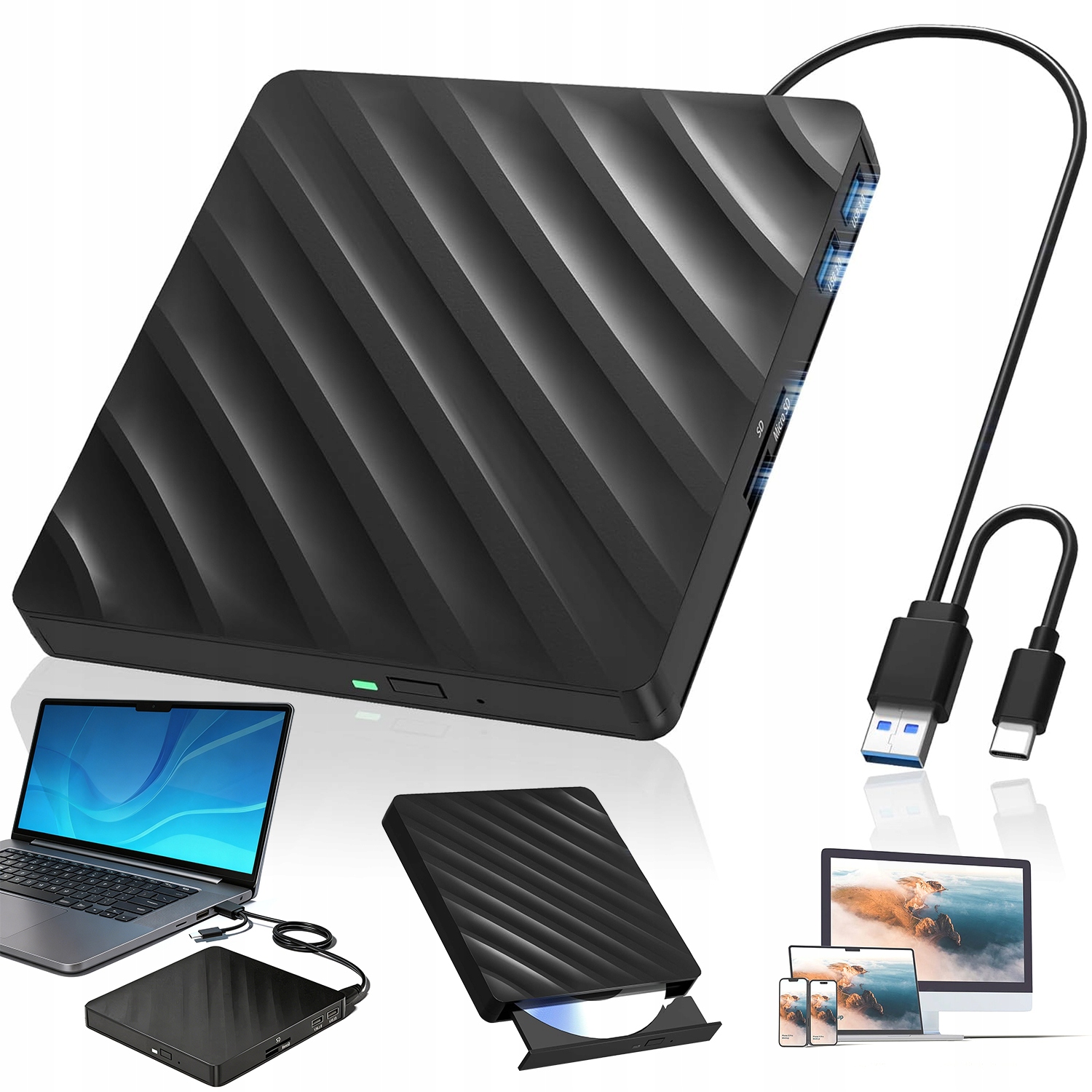 Napáječka Blu-ray 5V1 Usb 3.0 Porty Sd/tf Kabel Usb/typ-c Černá