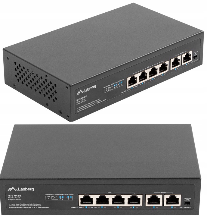 

Switch Lanberg 4X 100MB POE+/2X Rack 60W 10' 19'