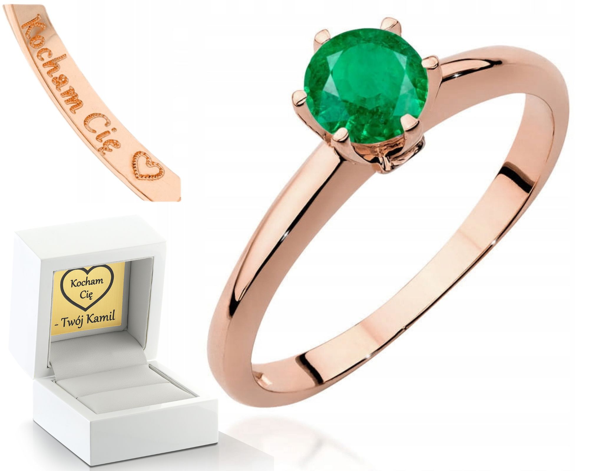 Zlatý Prstýnek Smaragd Růžové Zlato Gravírování 585 Dárek