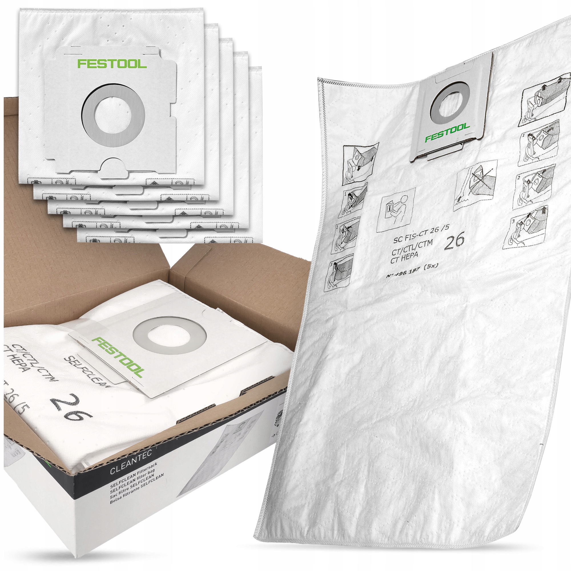 5 x Sáčky Festool 496187 Sc Fis-ct 26/5 Pro Vysavač Cleantec CT26 Selfclean
