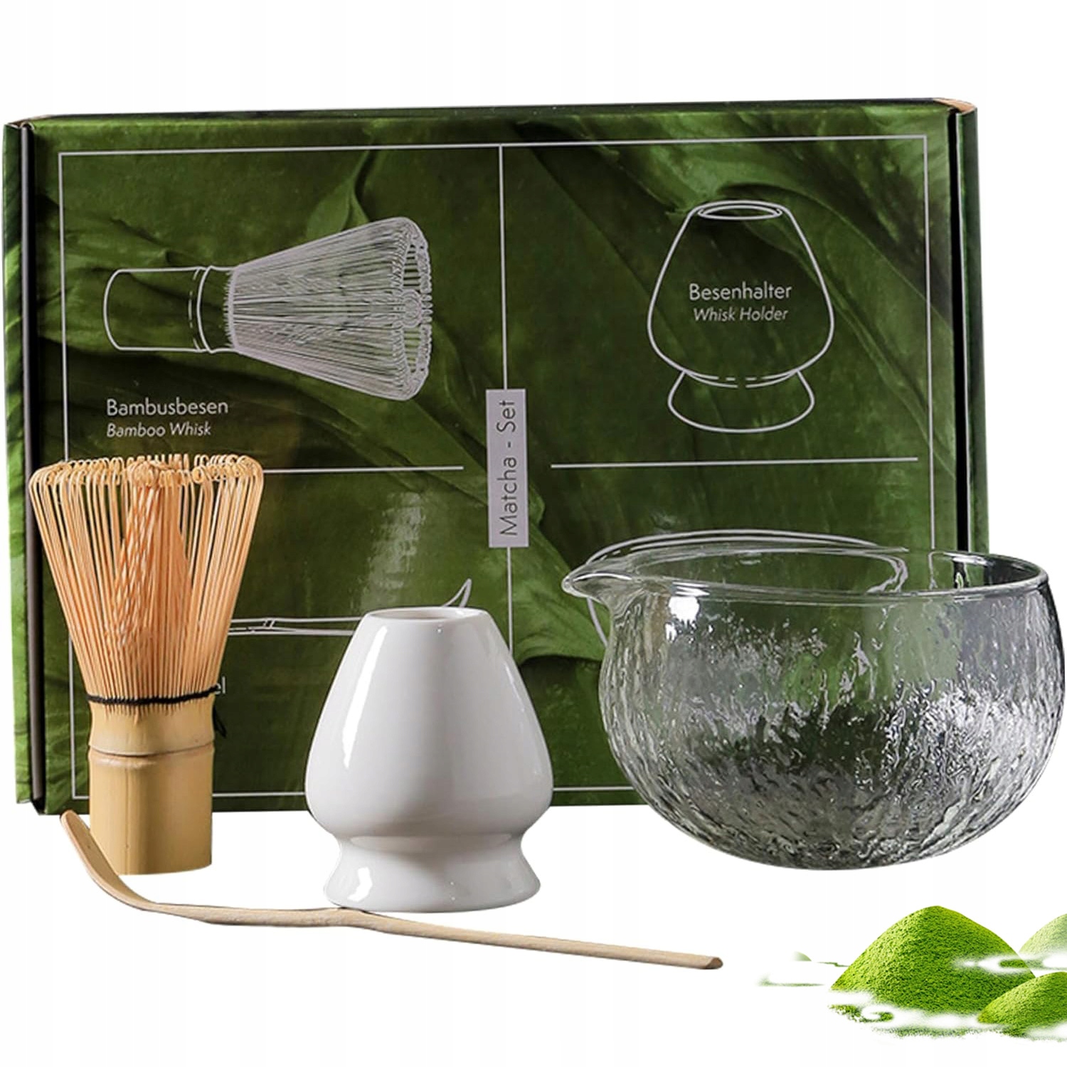 Levně Sada Na Čaj Matcha Skleněná Miska Na Metlu, Podstavec, Lžička 4 Ks