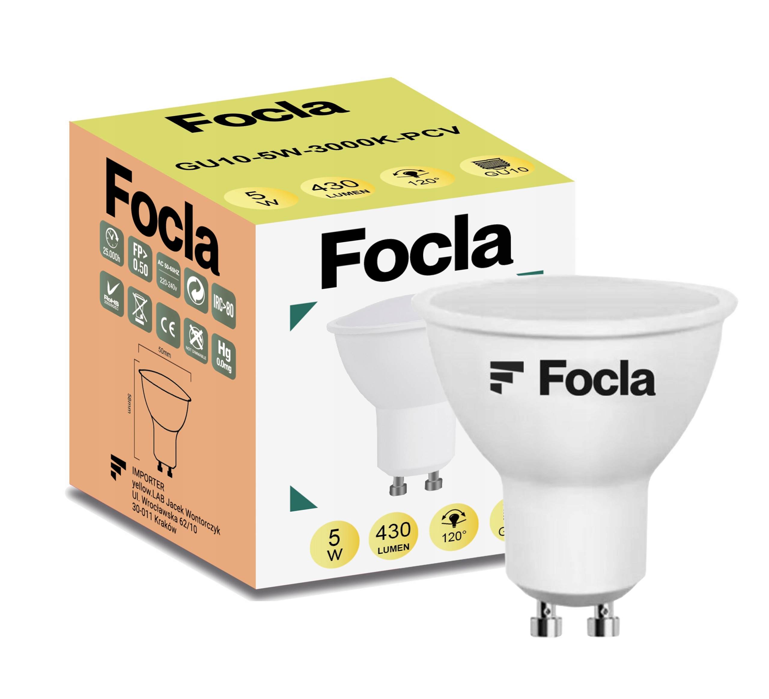 

Żarówka Led Focla GU10 5W Biały Ciepły 3000K Smd