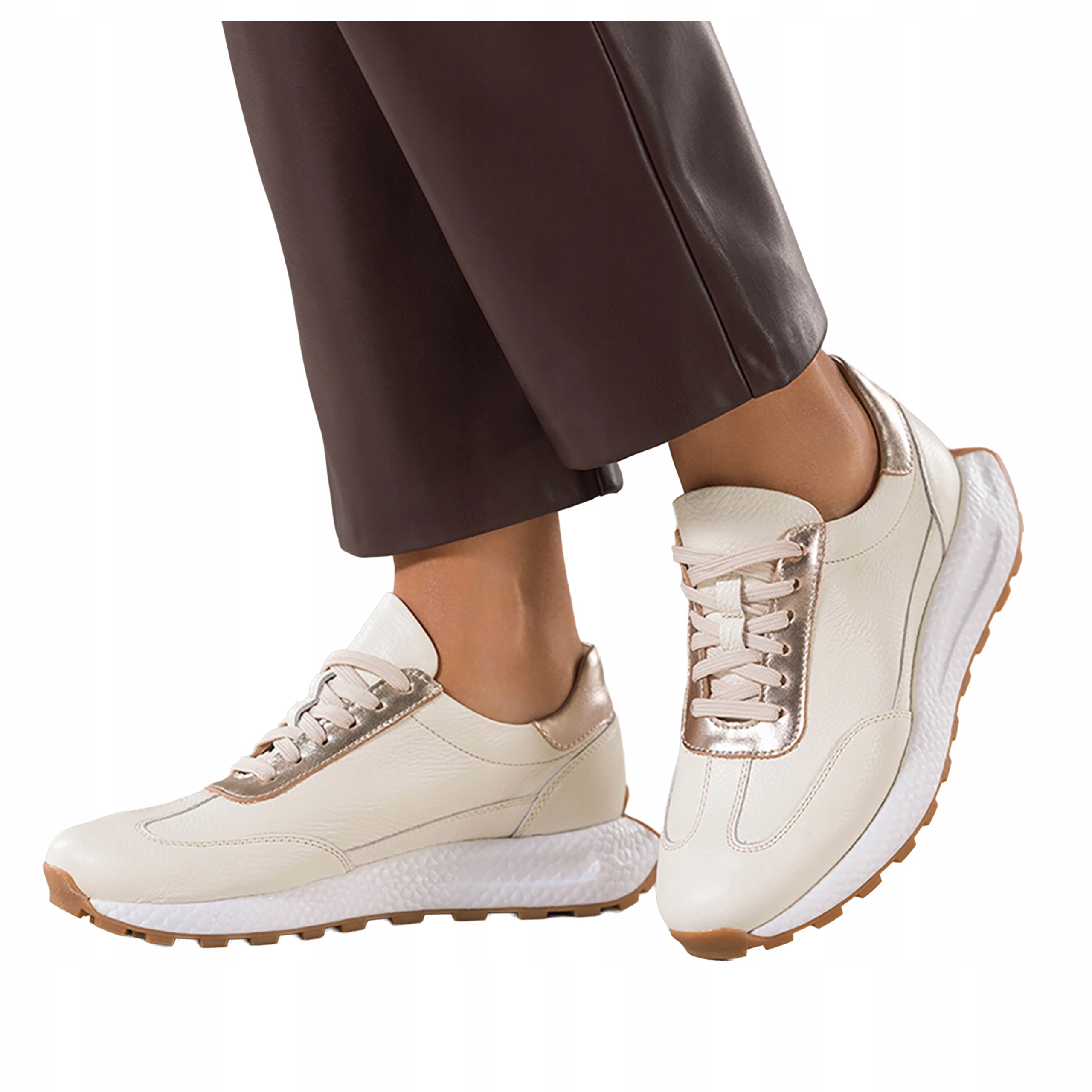 Béžové dámské kožené sportovní tenisky na platformě se šněrováním, velikost 38