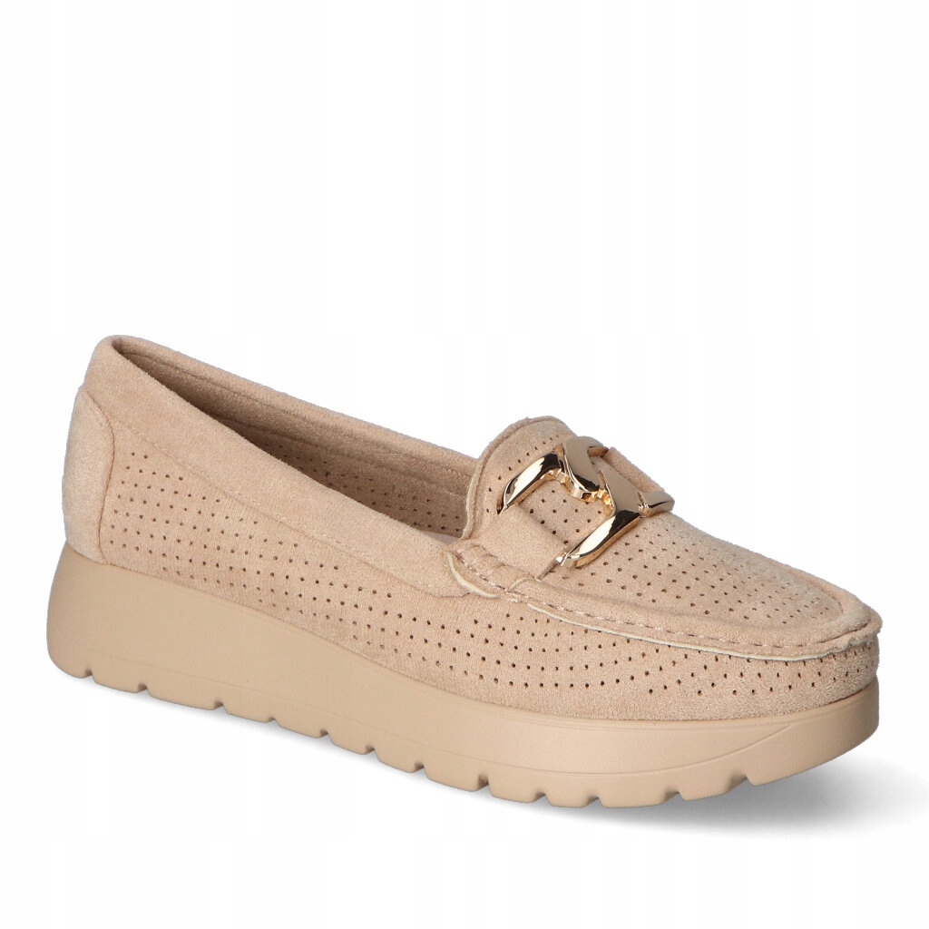 Prolamované mokasíny Goodin GD-FL6014 Béžový semiš Zlatá ozdoba řetěz 38
