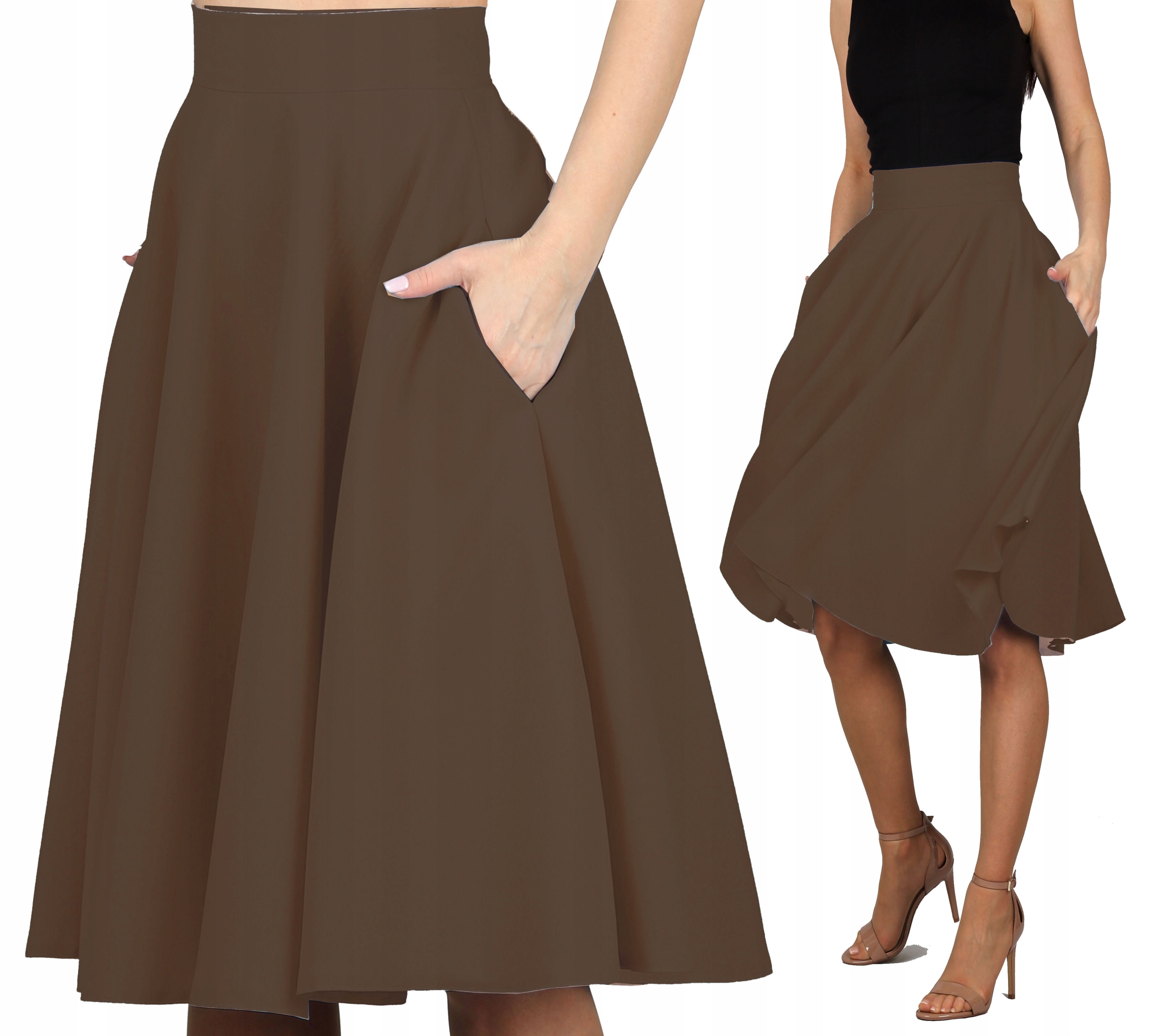 XXL Kapsy Čokoládová sukně hnědá pohodlná midi pin up podzim