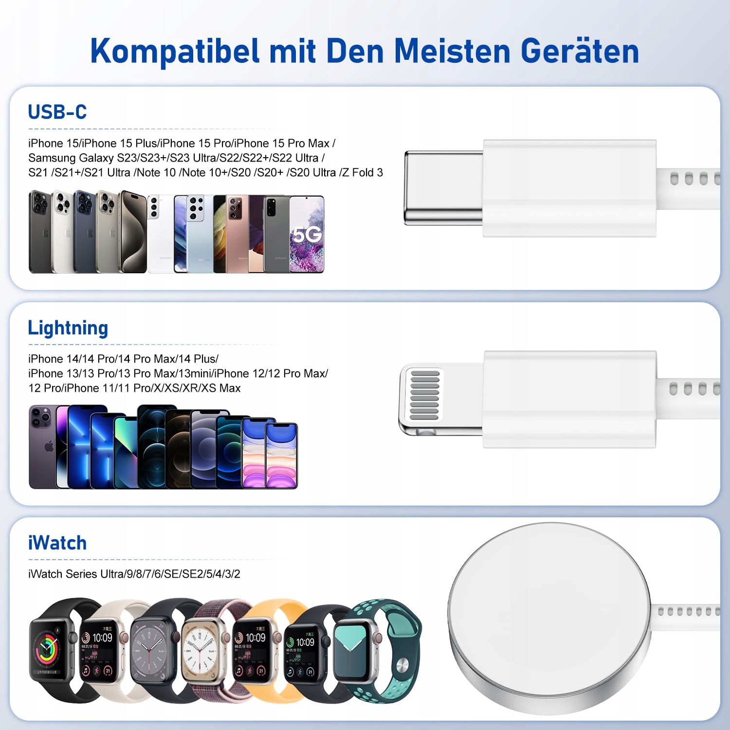 Jeenek: UNIVERSAL 3W1 Kabel Ładowarka Apple Watch iPhone USB C 2M — miniatura 6