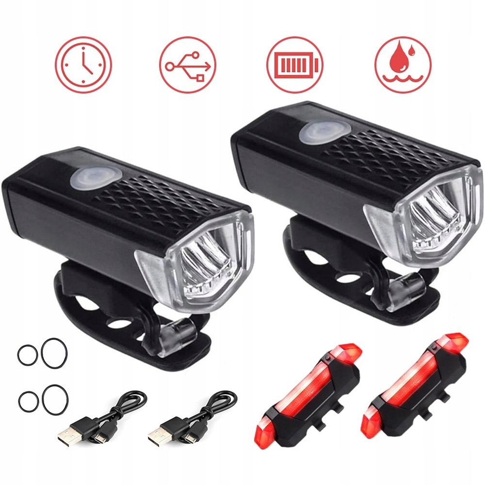 ZESTAW OŚWIETLENIA ROWEROWEGO LED 4 SZTUKI 2xPRZÓD+ 2xTYŁ 300LM IP65 CZARNY