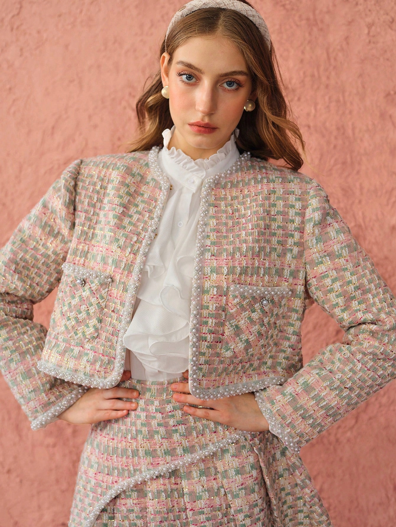 Žaket Sako Tweedový Krátký Stylový Kostkovaný, Zdobený Perlami Shein S