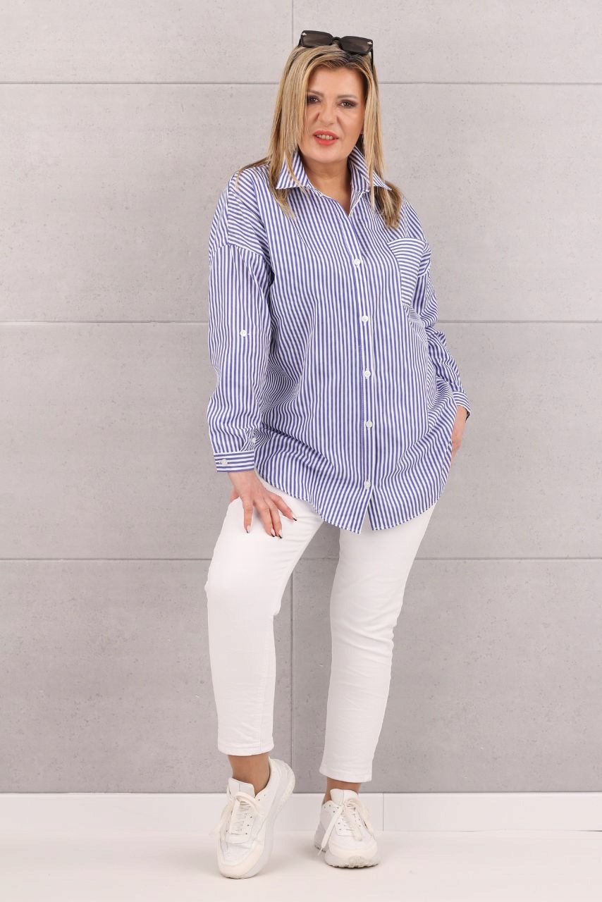 BAWEŁNIANA KOSZULA DAMSKA OVERSIZE WZÓR W PASKI LUŹNA DUŻE ROZMIARY Marka FEMIMODA
