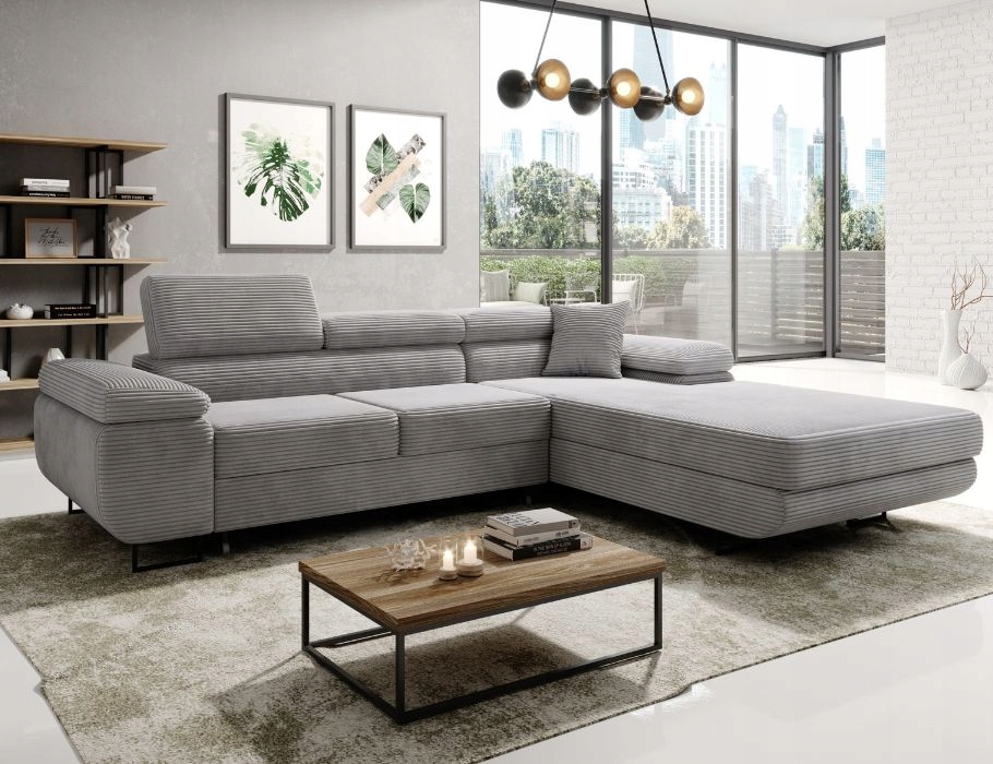 Široký šedý rohová sedací souprava s funkcí spaní Astorp L s opěrkami hlavy.