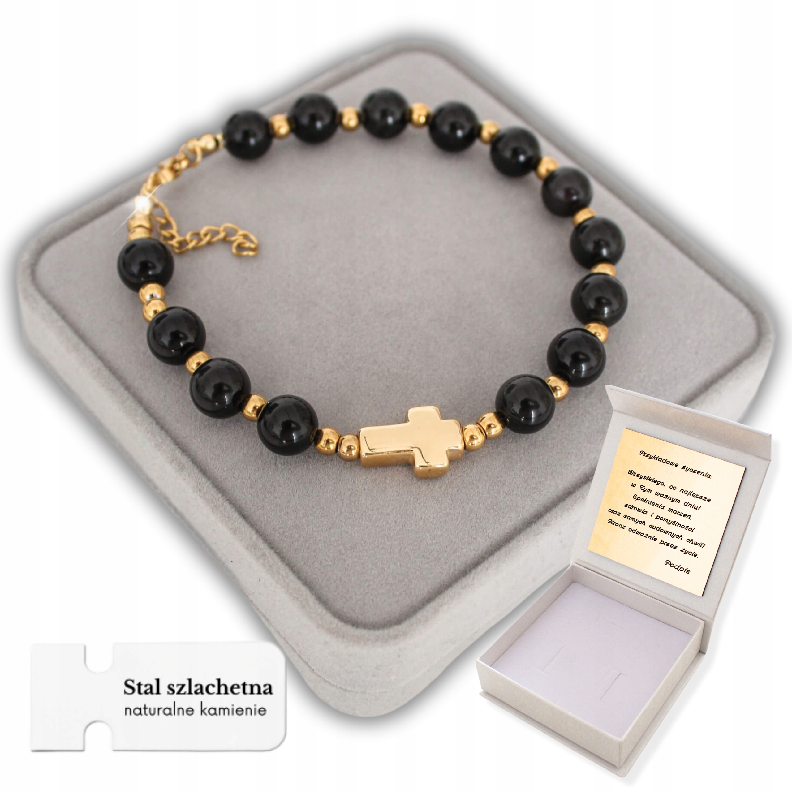 Zlatý Pánský Náramek Růženec z Kamenů Desátek Na Ruku s Křížem