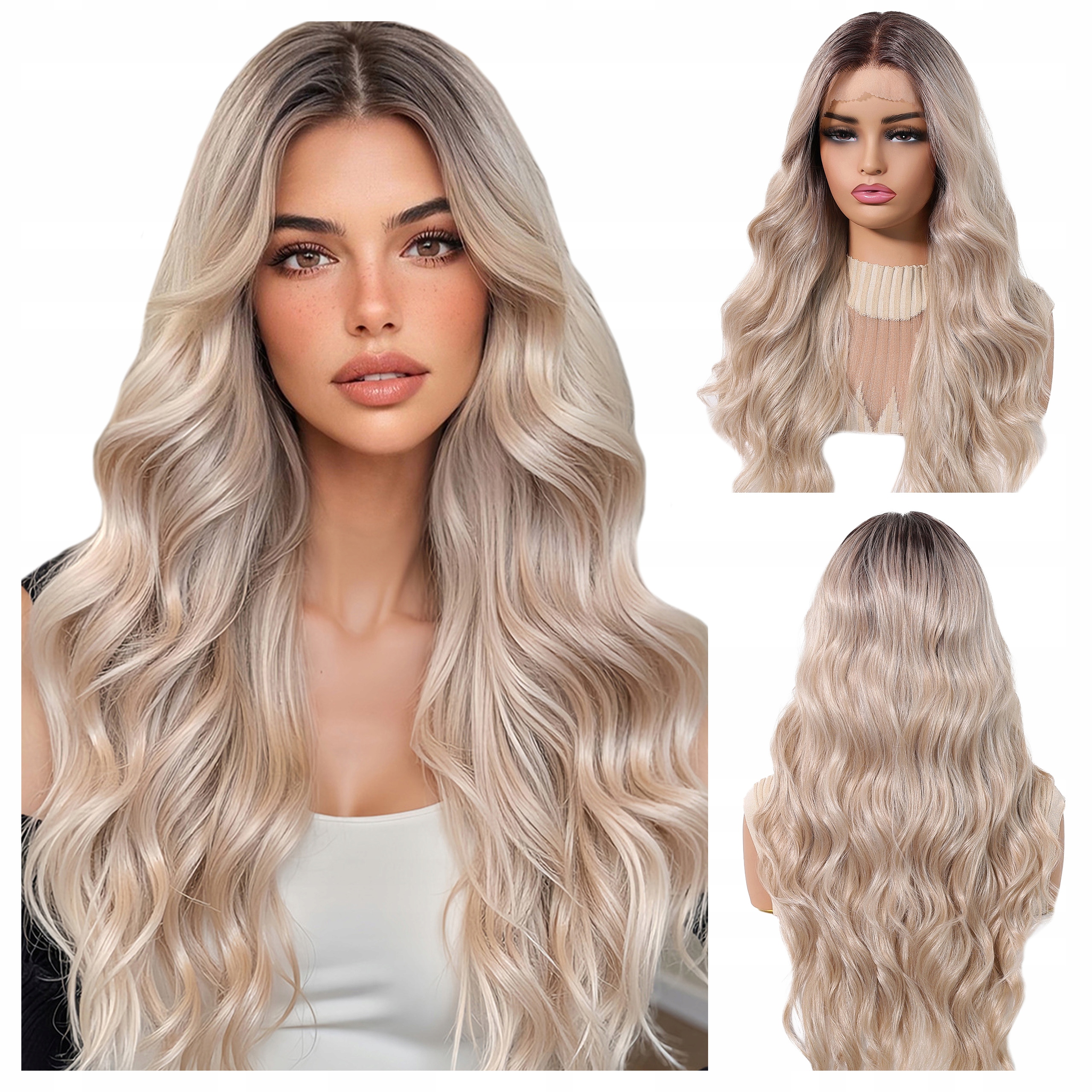 Peruka damska Blond brąz fale Lace Front falowane włosy ombre Jak Naturalna