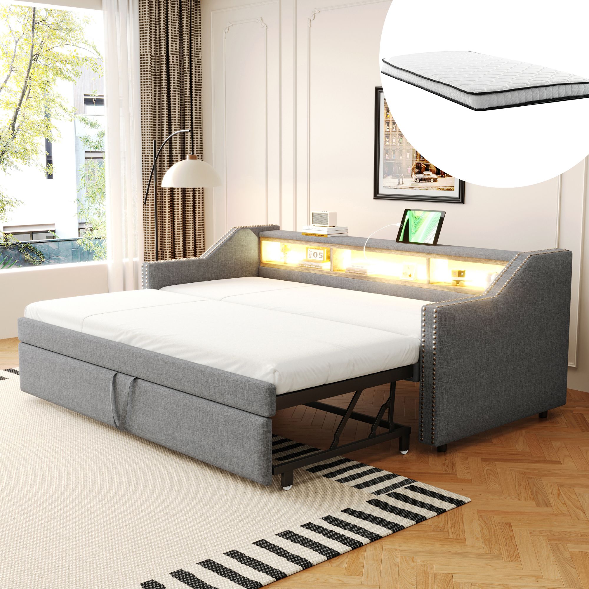 Čalouněná postel Rozkládací pohovka 90/180 x 190 cm Led Usb šedá matrace