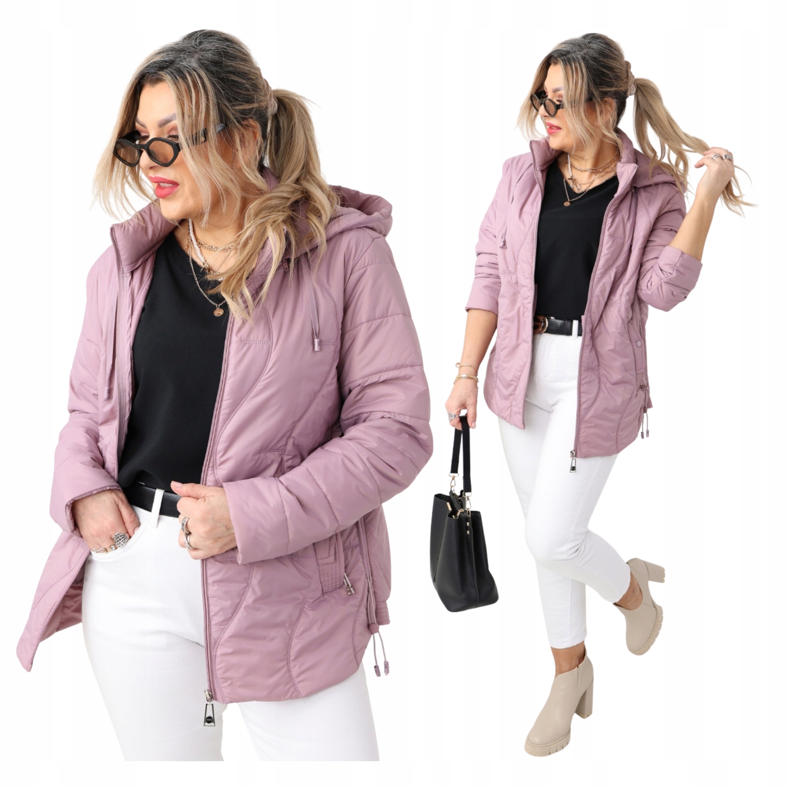 Kurtka Pikowana Damska Z Kapturem Lekko Ocieplana Przejściowaduże Rozmiary