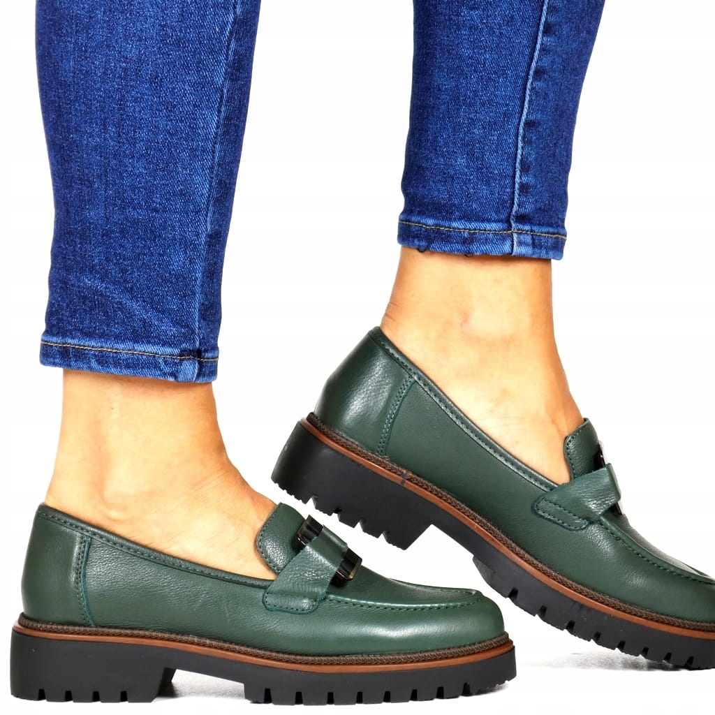 Zelené Kožené Polobotky Mokasíny Na Silnější Podrážce, Pohodlné A Měkké