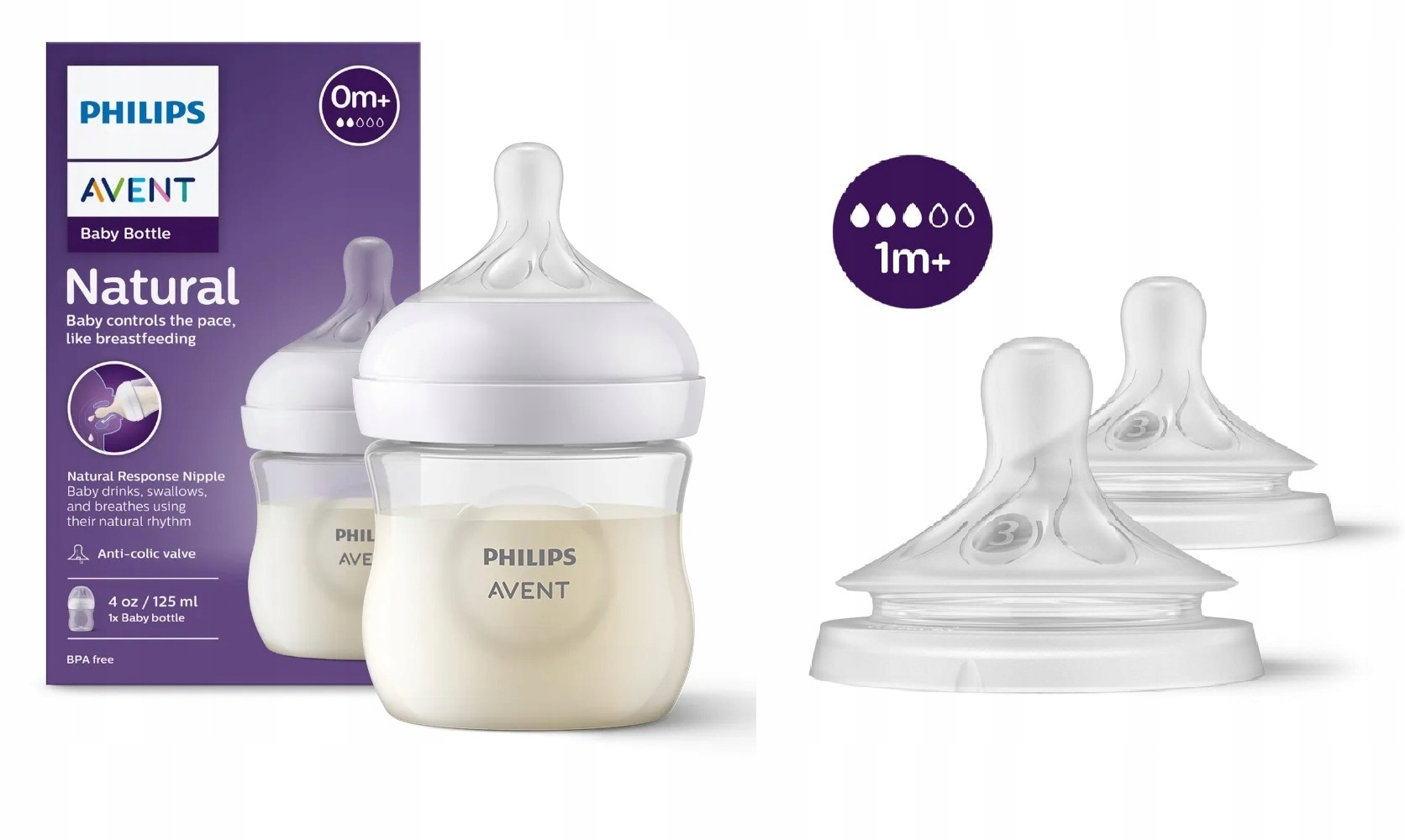 AVENT Zestaw Butelka Natural Response 125 ml 0m + smoczki Natural 1 m+