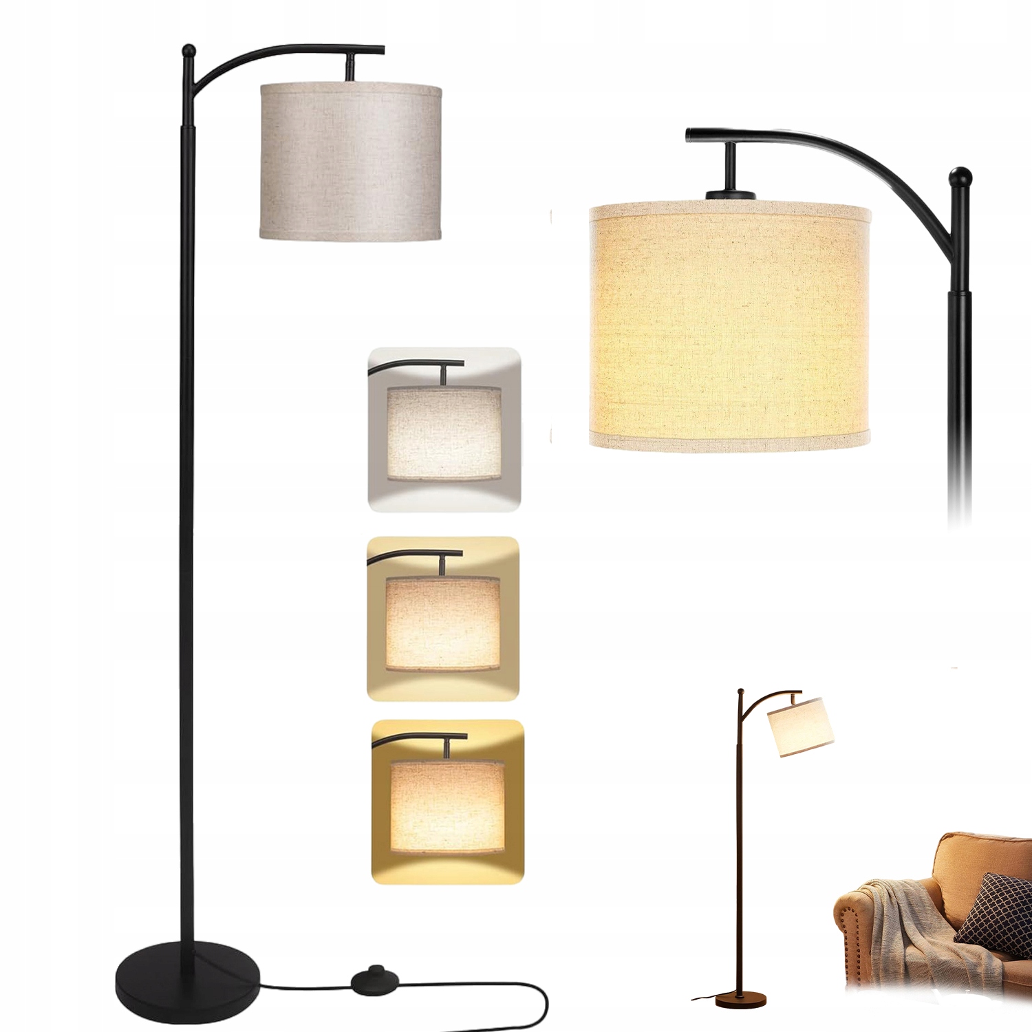 Lampa Stojąca Podłogowa Lnianym Abażurem Trójkolorow Do Salonu Biuro -154CM