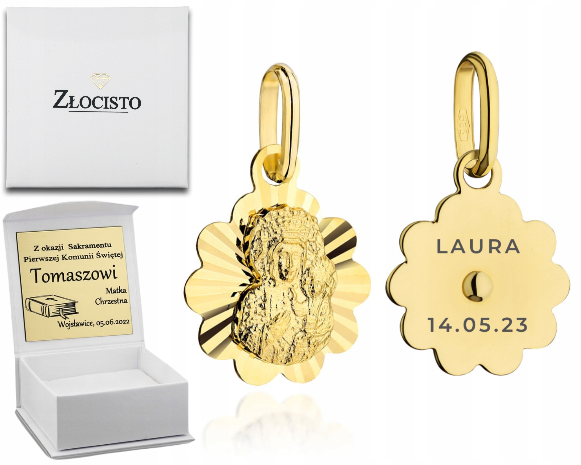 Złoty Medalik Matka Boska Częstochowska Kwiatek Chrzest Komunia