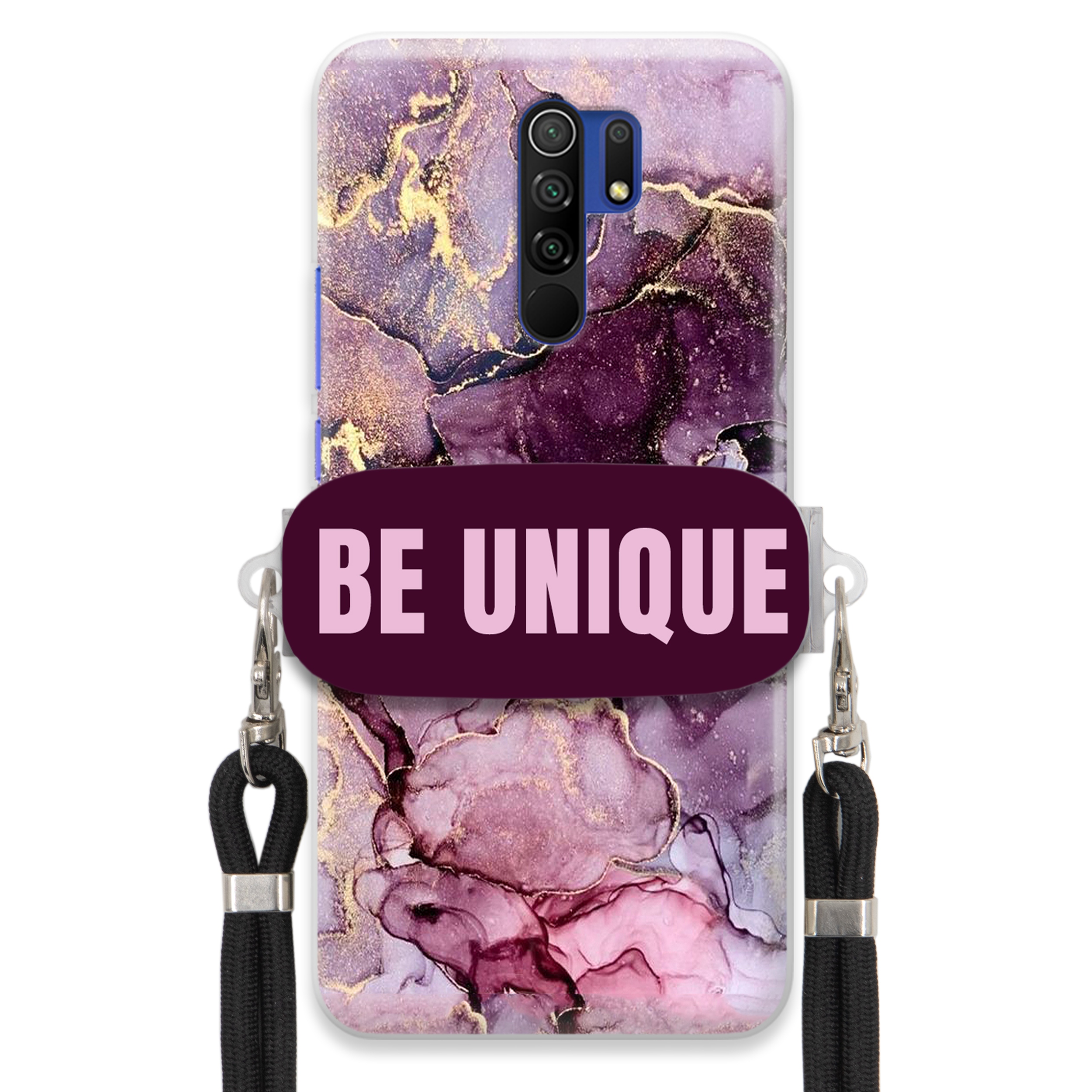 Puzdro pre Xiaomi Redmi 9 držiak na šnúrku Čierna Fialová Mramor Be Unique