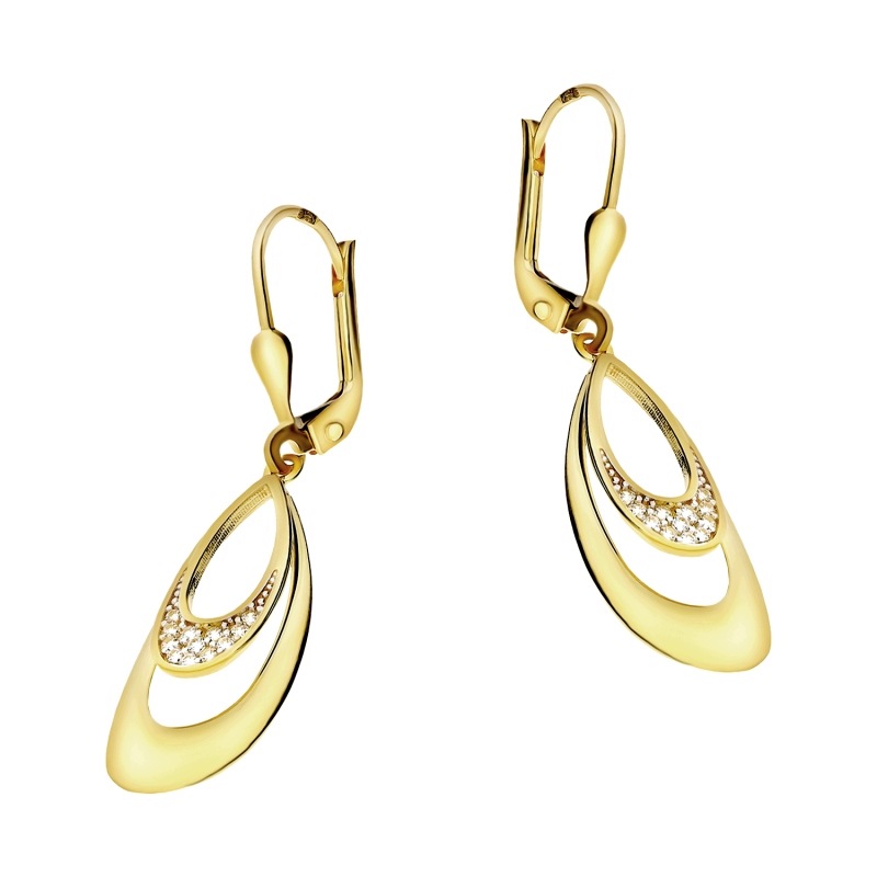 Náušnice zlaté 585 závěsné oválky s zirkony elegantní 2,94 g pro ženy