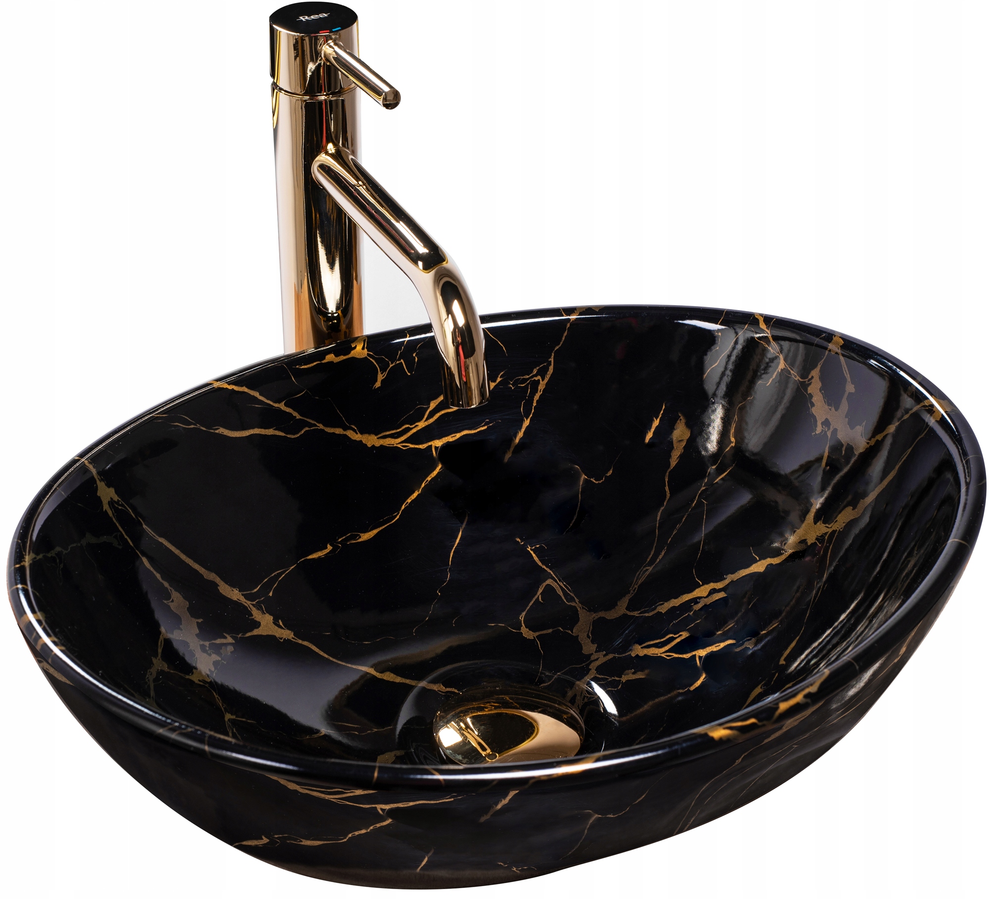 Umývadlo Na Dosku Čierna Rea Sofia Black Marble Zlatá Oválna 40 cm Mramor