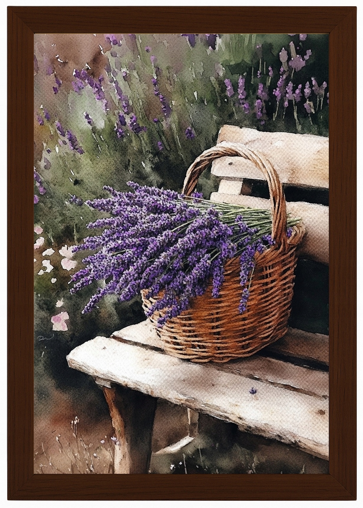 Plakát Rámeček Dřevo Zahrada Lavička Léto Koš Květiny Levandule Kytice 40x60