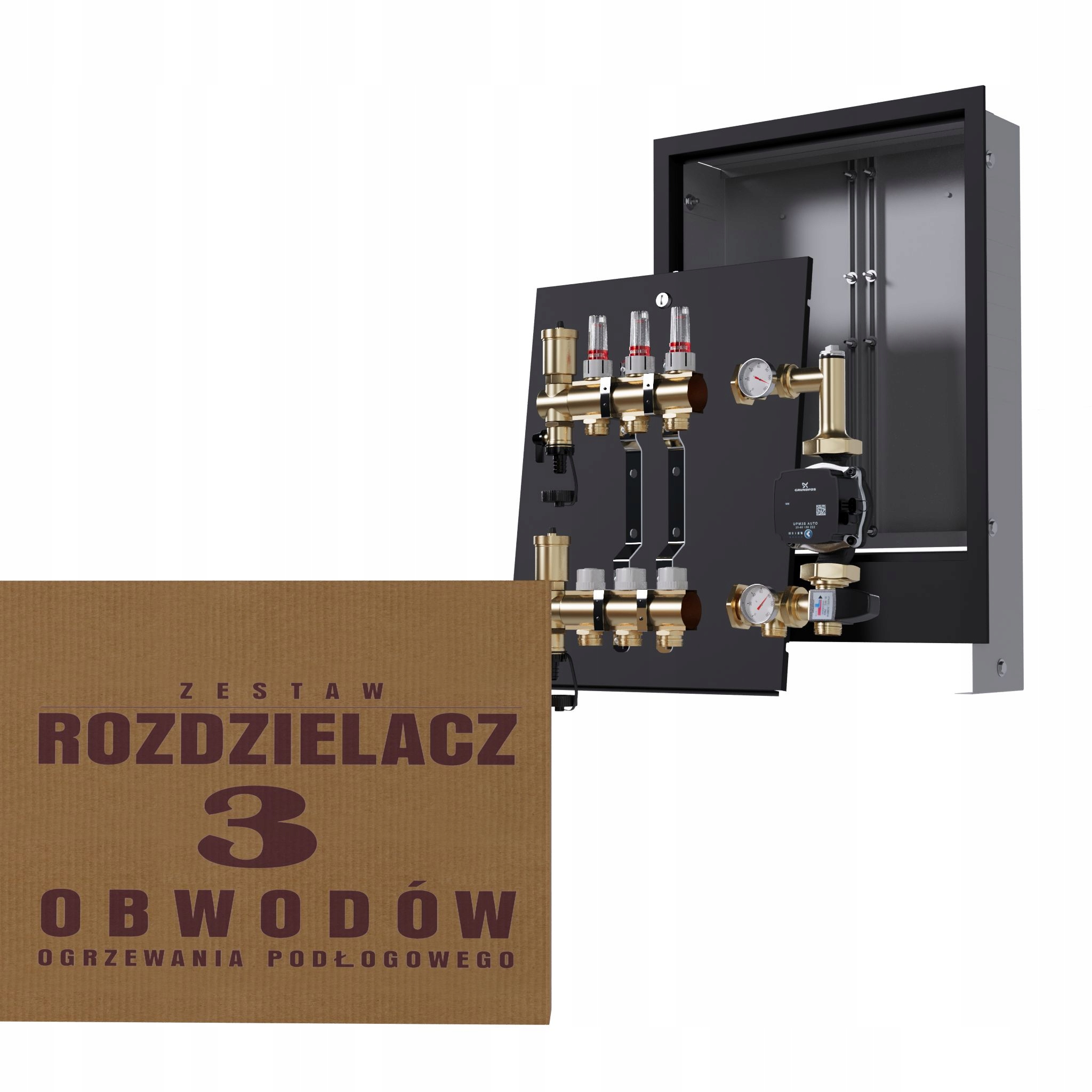 Rozdělovač pro podlahovku 3 okruhy se skupinou Grundfos podomítkový černý