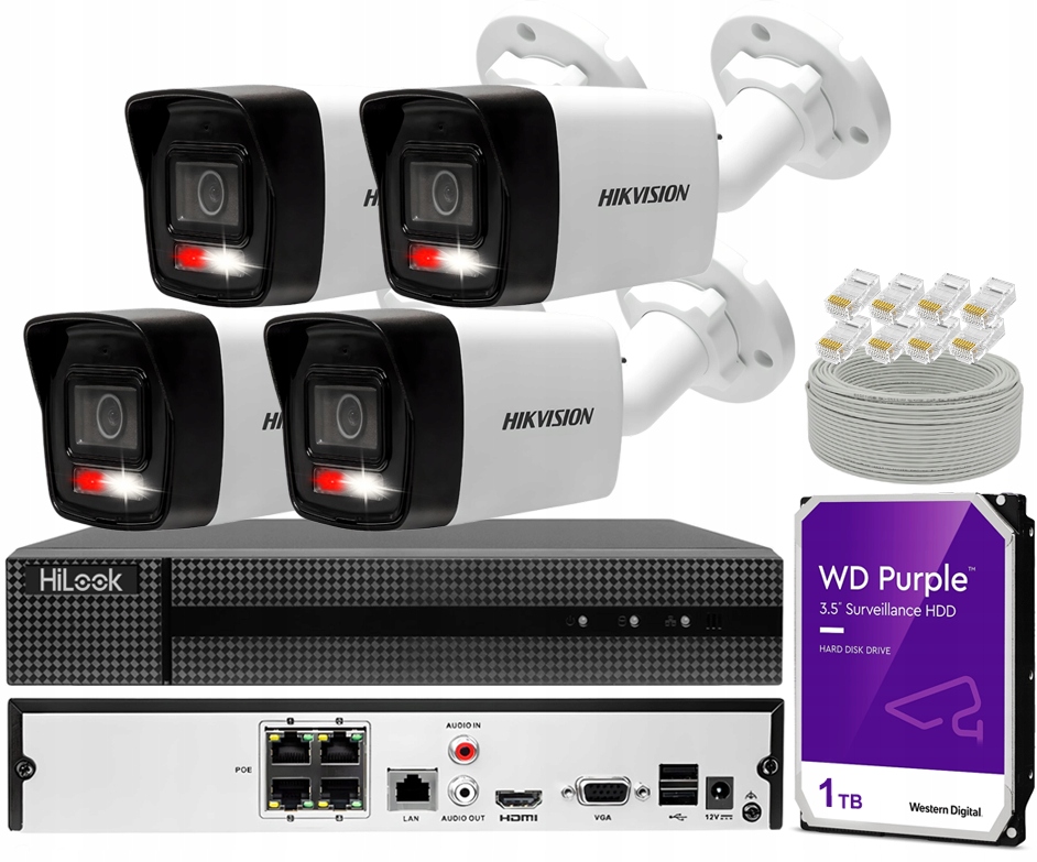 Zestaw Monitoringu Ip Hikvision 6MPx 4 Kamery Ip PoE Rejestrator PoE 1TB