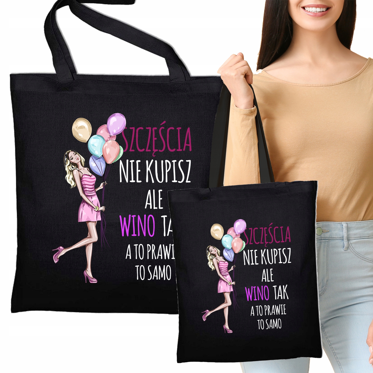 Torba Eko Czarna Na Prezent WINO TO SZCZĘŚCIE Wz