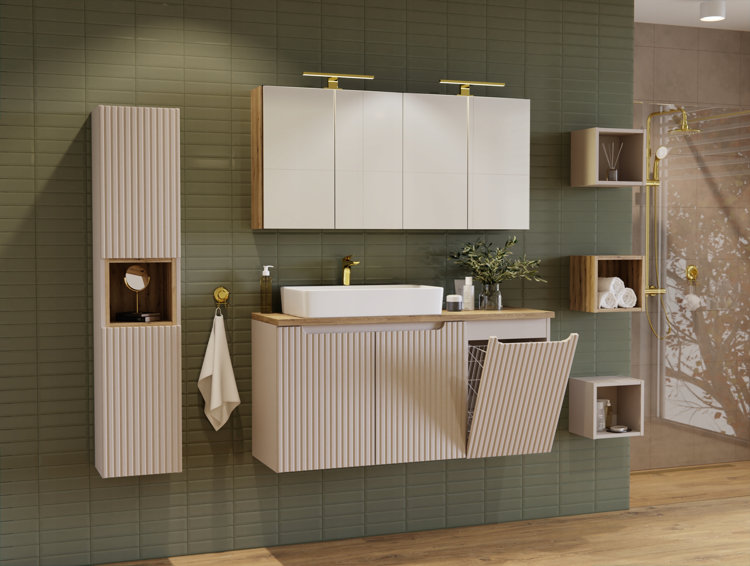 Nábytková sada 100 cm s deskou a skříňkou s košem na prádlo