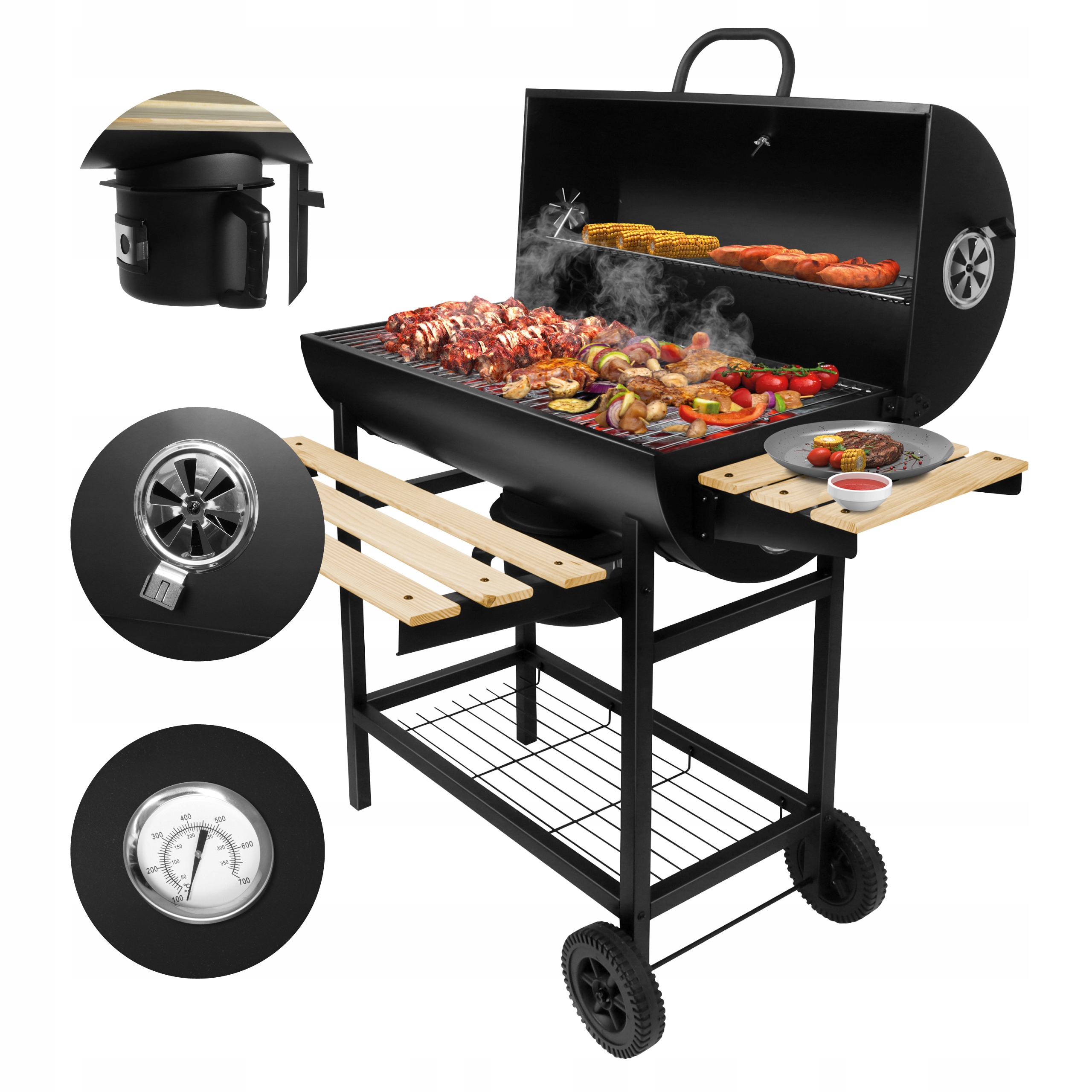 Zahradní gril na dřevěné uhlí Gregman ocel grilovací rošt teploměr kolečka police