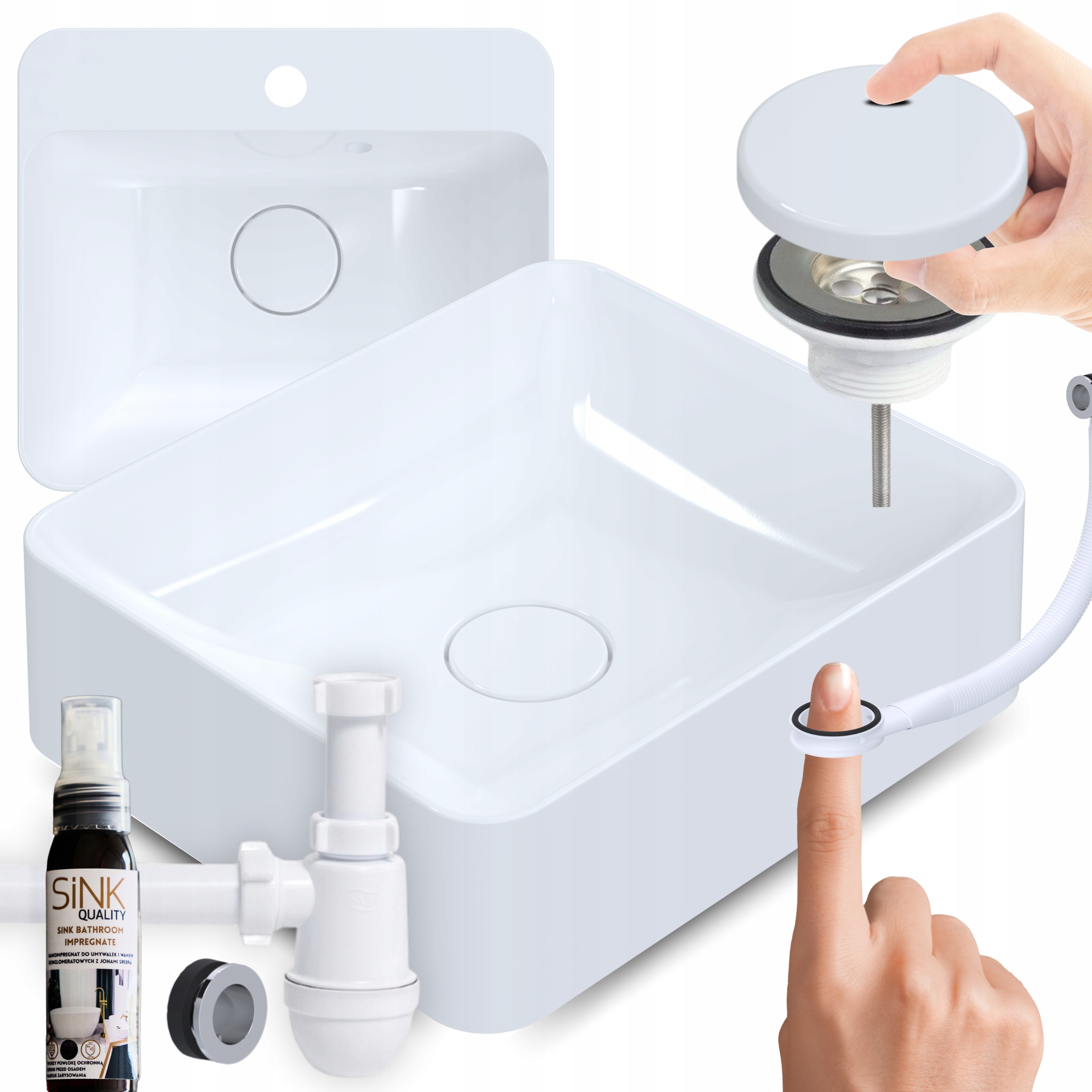 Set umyvadlo Na Desku 45 Bílá obdélníková Konglomerat Syfon kryt