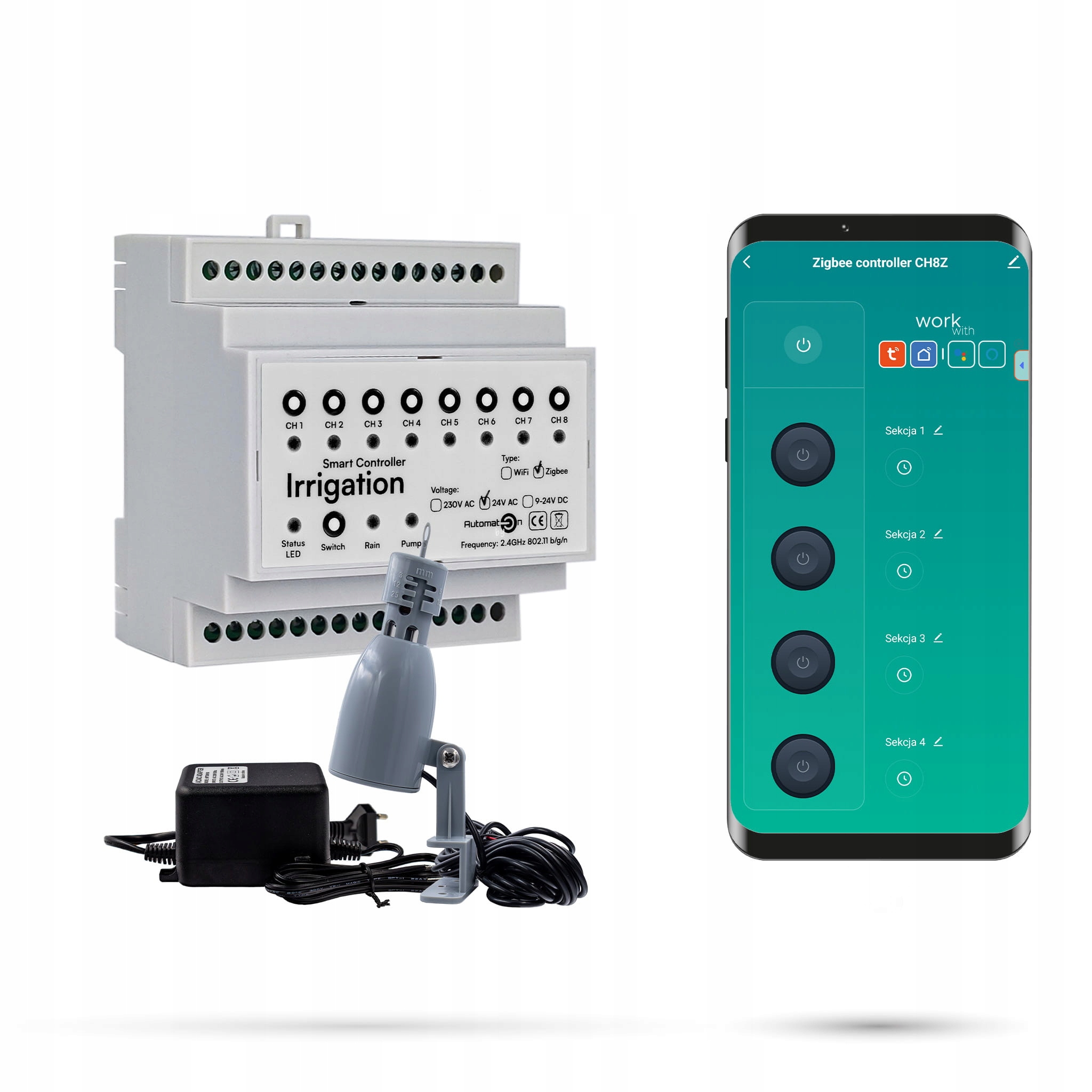 Regulátor zavlažovania Tuya 8 sekcií Zigbee s napájacím zdrojom a snímačom dažďa