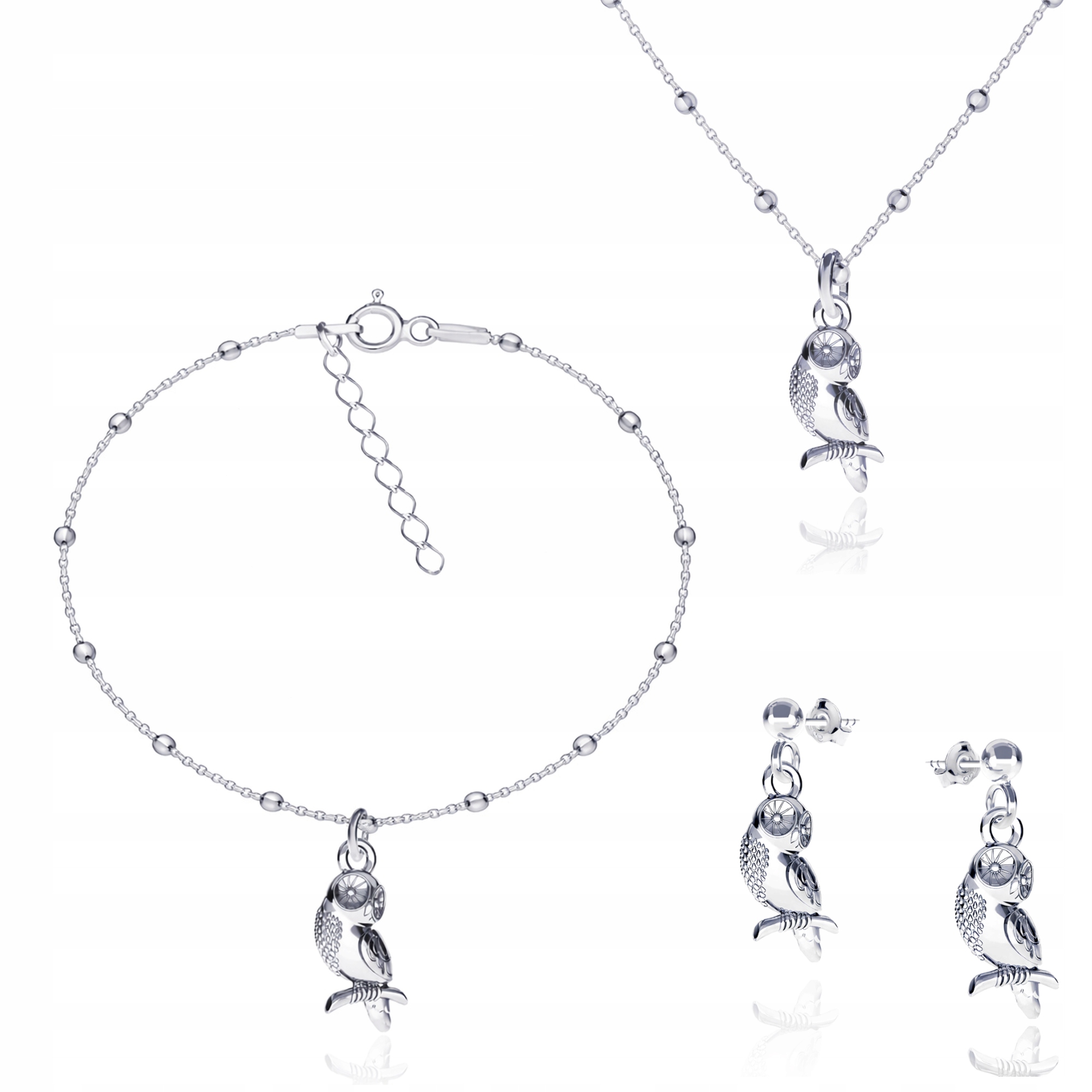 Pták Sova Sovička Sova Stříbrný kuličkový komplet šperků stříbro 925