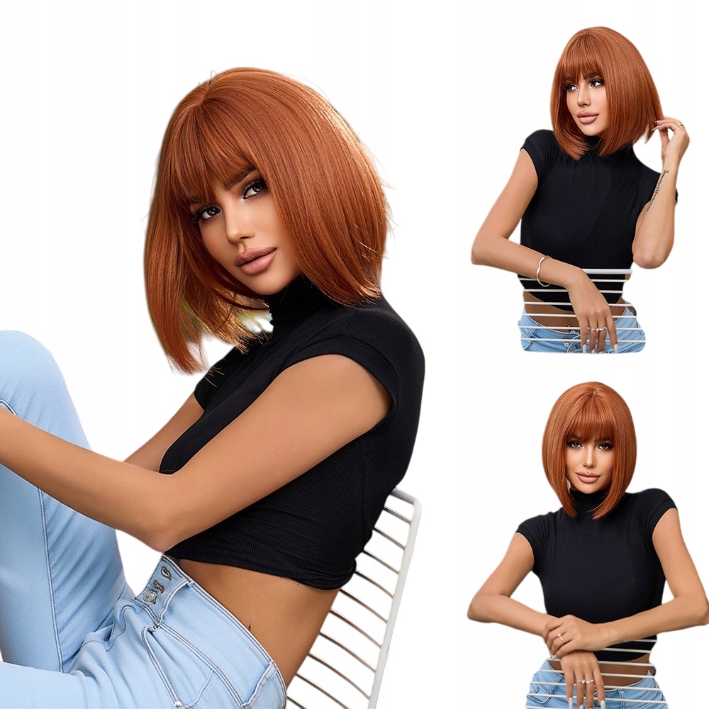 Peruka Damska ruda bob z grzywką refleksy jak naturalne włosy czepek