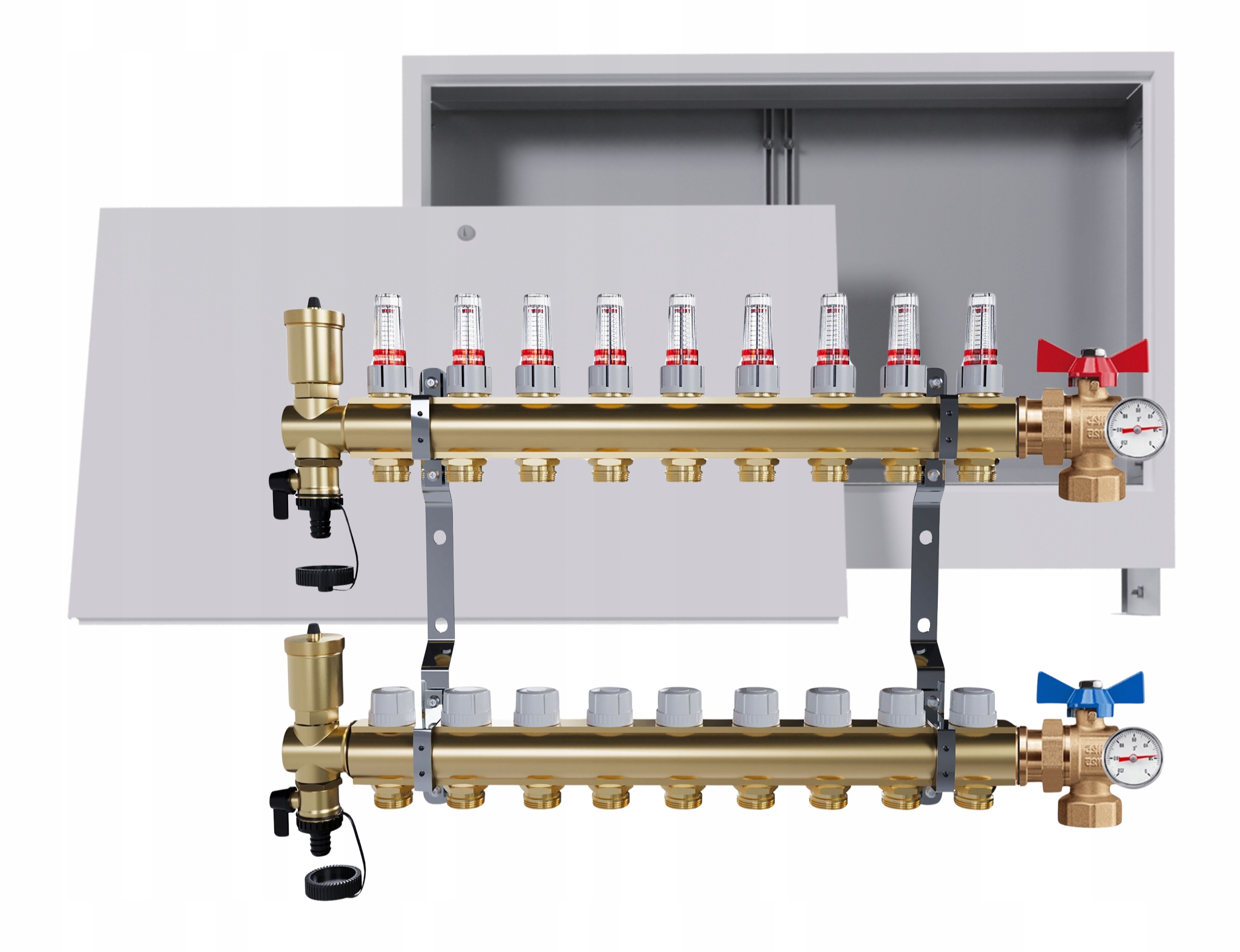 Rozdělovač Pro Podlahovou Krytinu 9 Okruhů Kulový Ventil Teploměr, Krabička