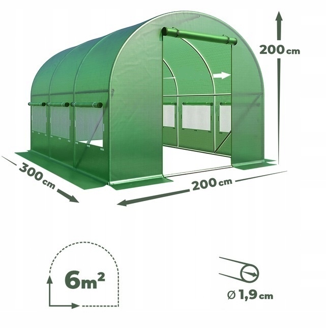 EKOLOGICZNY TUNEL FOLIOWY FOLIAK + STELAŻ 3x2x2 6m DUŻY SZKLARNIA DO OGRODU Kolor zielony