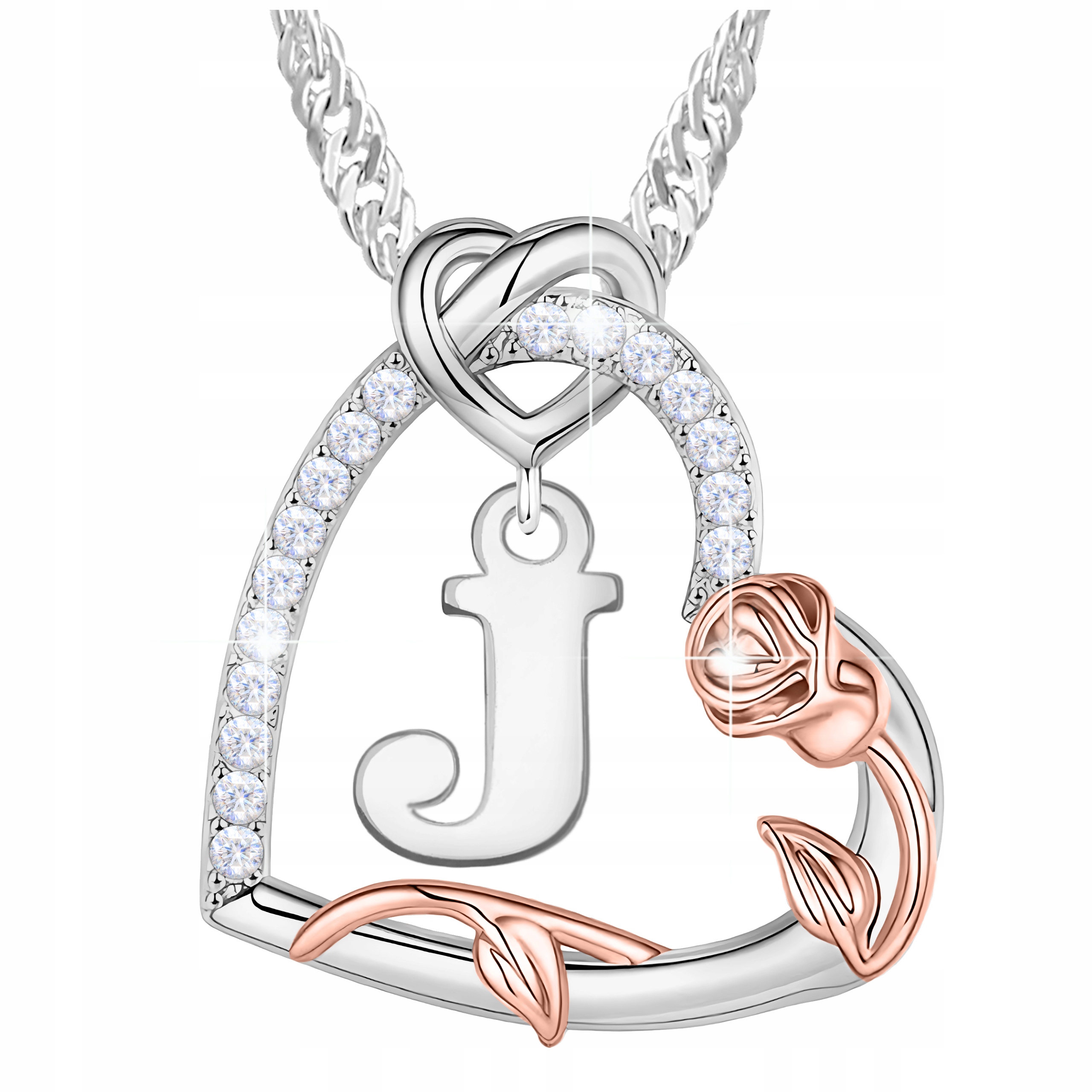 Stříbrný náhrdelník s písmenem J Srdce Květina Růže Písmeno Zirkony Stříbro 925