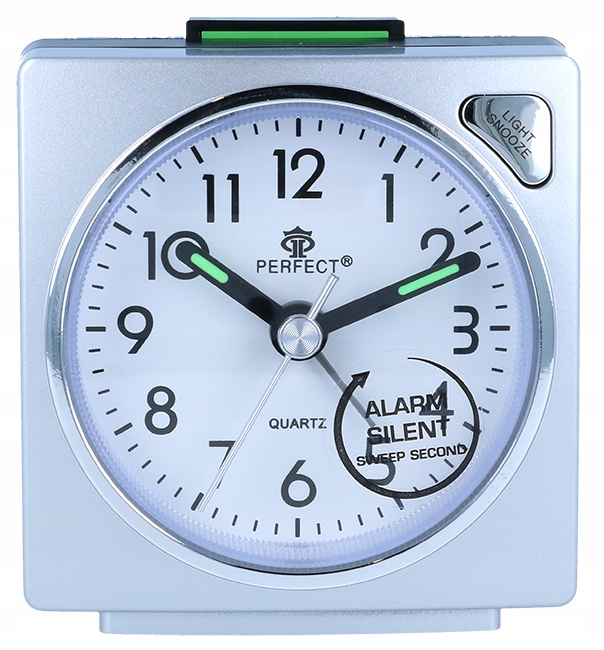 

Mały srebrny Budzik Kwarcowy Cichy Płynący Bateria