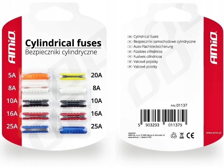 

Bezpieczniki Samochodowe Cylindryczne 10SZT 8-25A