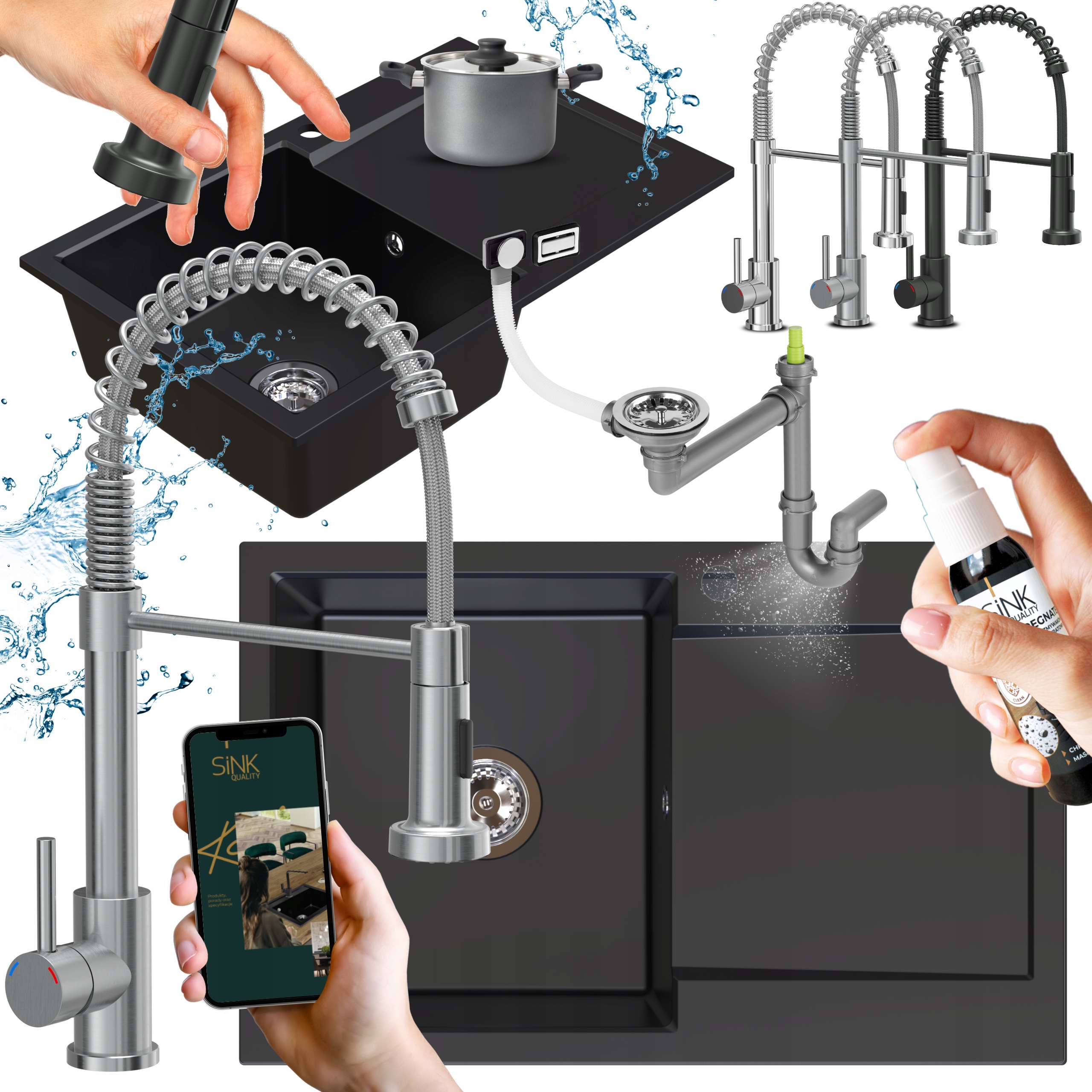 Granitový Jednokomorový Drez čierny s odkvapkávačom a Batériou Sifón 8v1