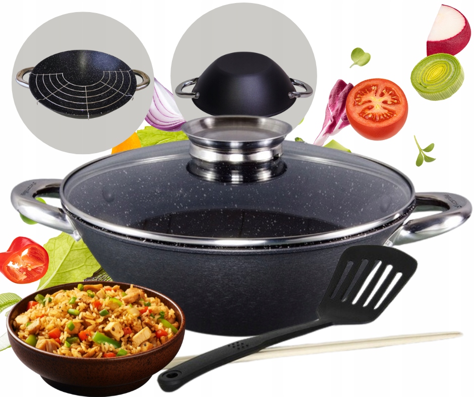 Wok Litinová mramorová pánev na Plyn Indukce lopatka, paličky, rošt