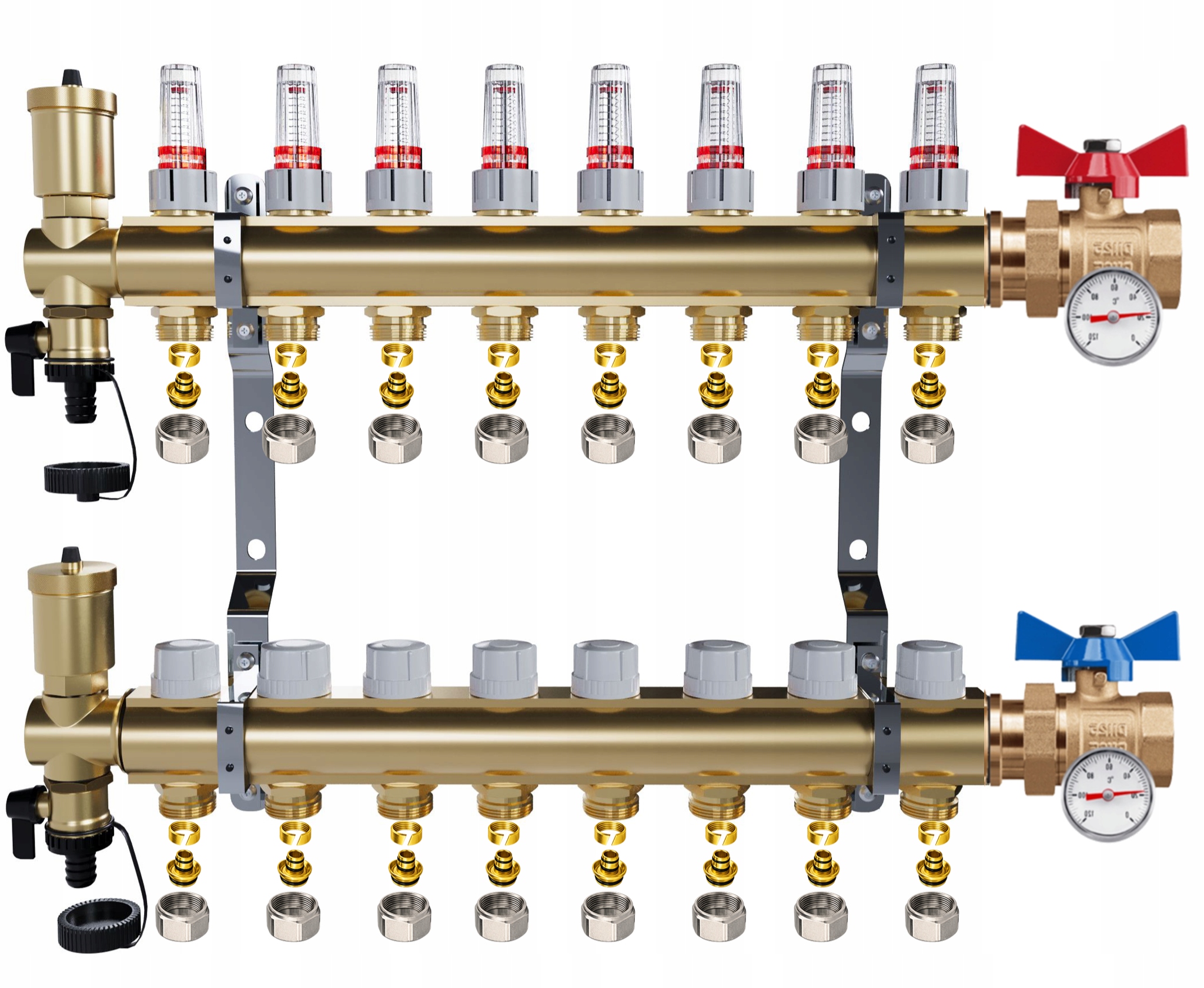 Rozdělovač Pro Podlahovou Krytinu 8 Okruhů Jednoduchý Kulový Ventil Teploměr Pex