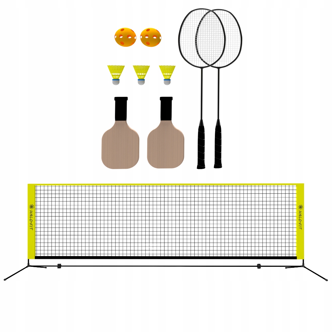 Sada na badminton a pickleball, síťka, 4 rakety, míčky a míčky