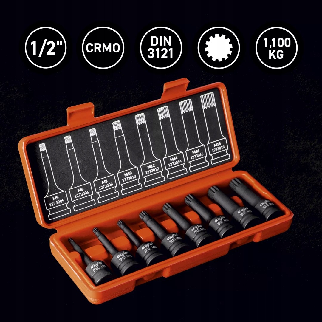 ZESTAW NASADEK TRZPIENIOWYCH UDAROWYCH 1/2" SPLINE DŁUGICH
