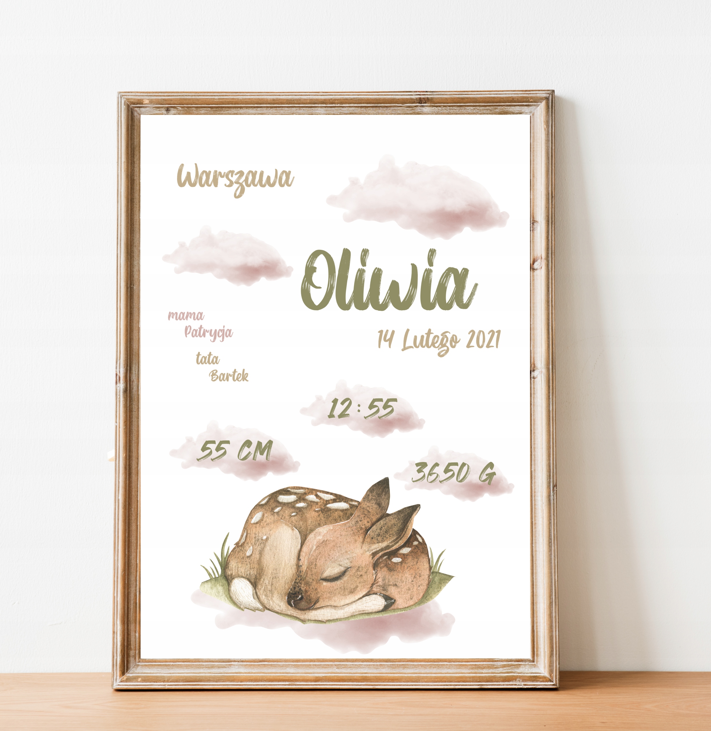 

Metryczka sarenka, chmurki róż