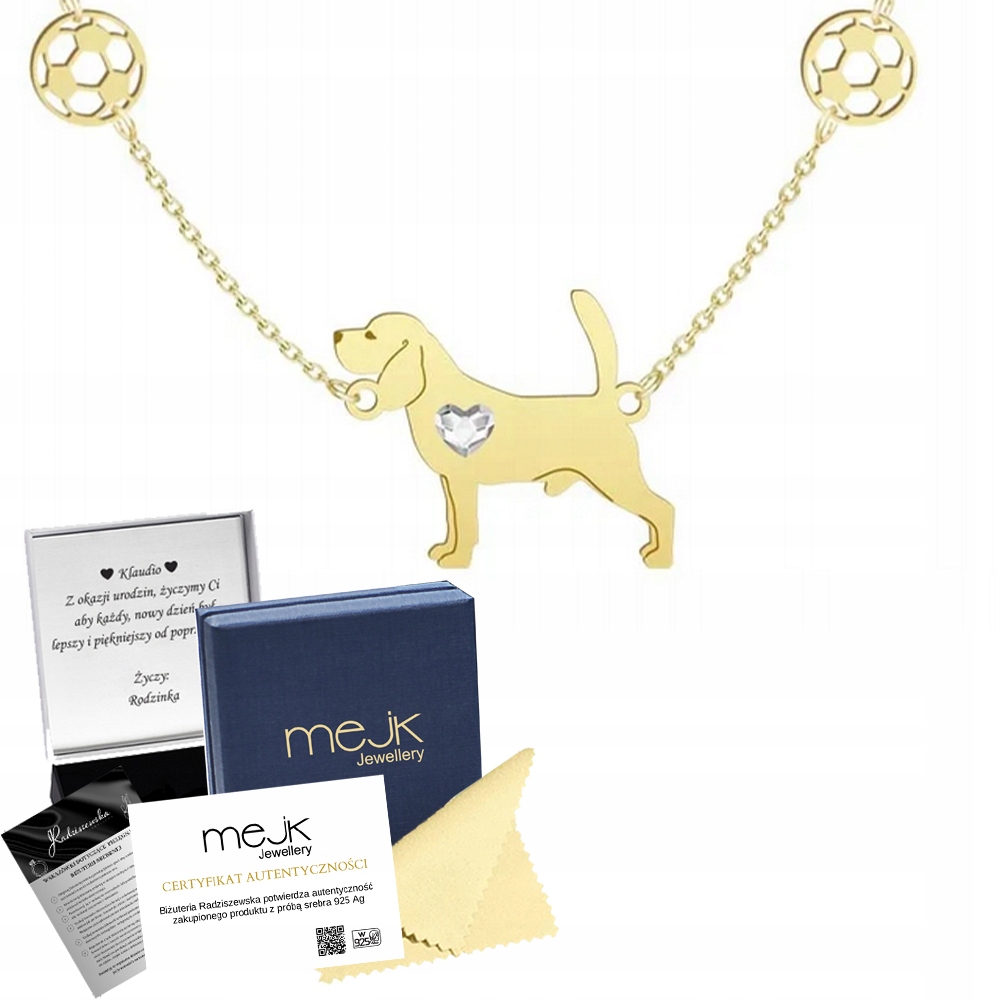 Zlatý náhrdelník se psem Beagle 925 Šperky Dárek Žena Gravírování Bonus