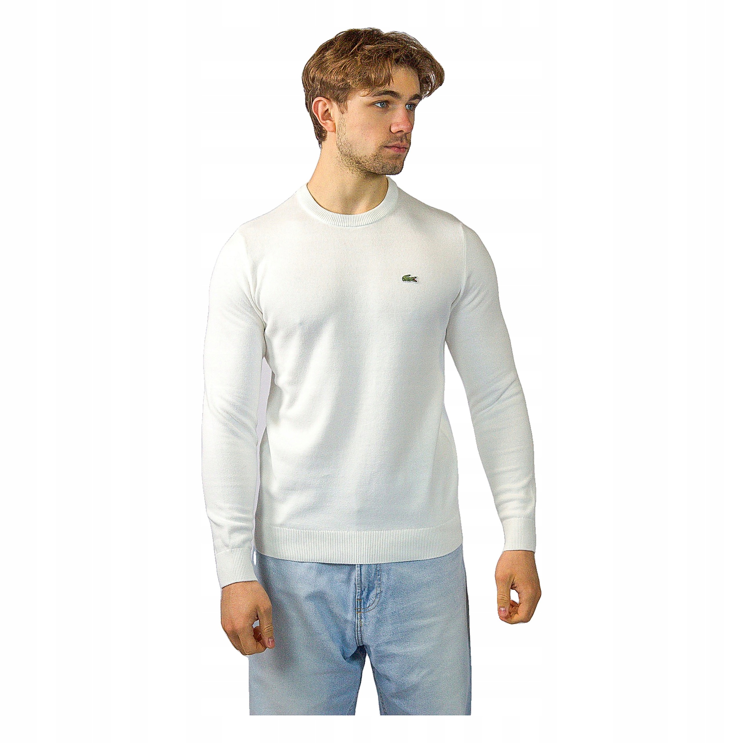 Lacoste Pánský svetr Crew Neck Cotton Sweater s logem, bílý, velikost M